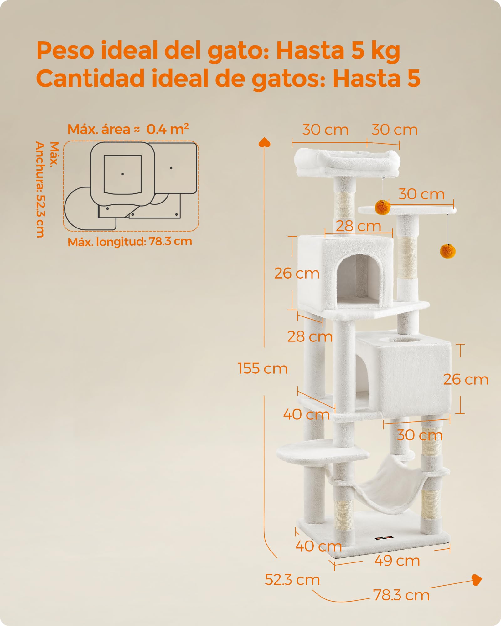 Foto 6 pulgar | Árbol Para Gatos Feandrea, 155 Cm De Alto, Con 5 Rascadores, Color Crema