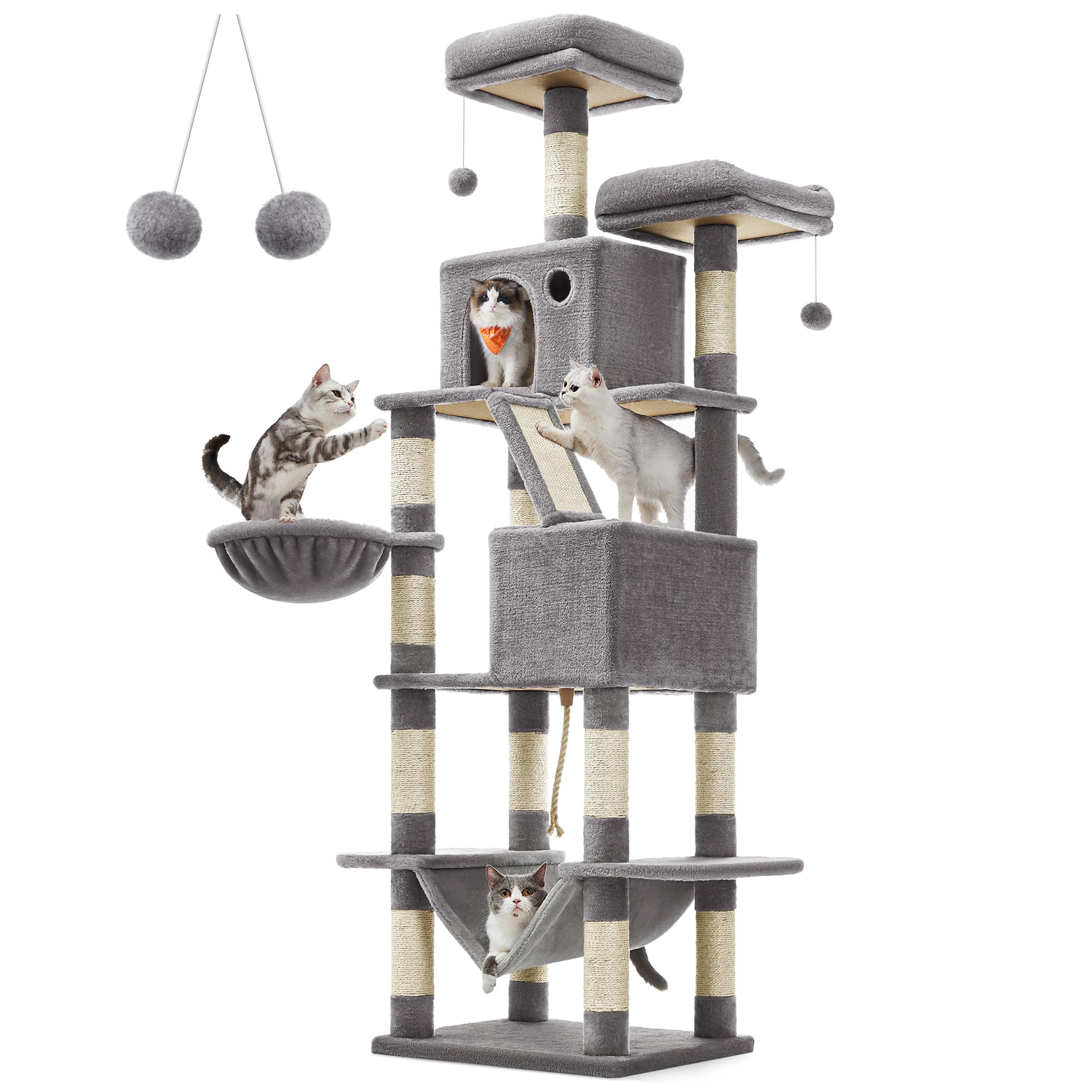 Feandrea Árbol Para Gatos De 206 Cm, 13 Postes, 2 Cuevas, 2 Plataformas, Hamaca, Cesta, Pompón, Gris Claro. $3,441