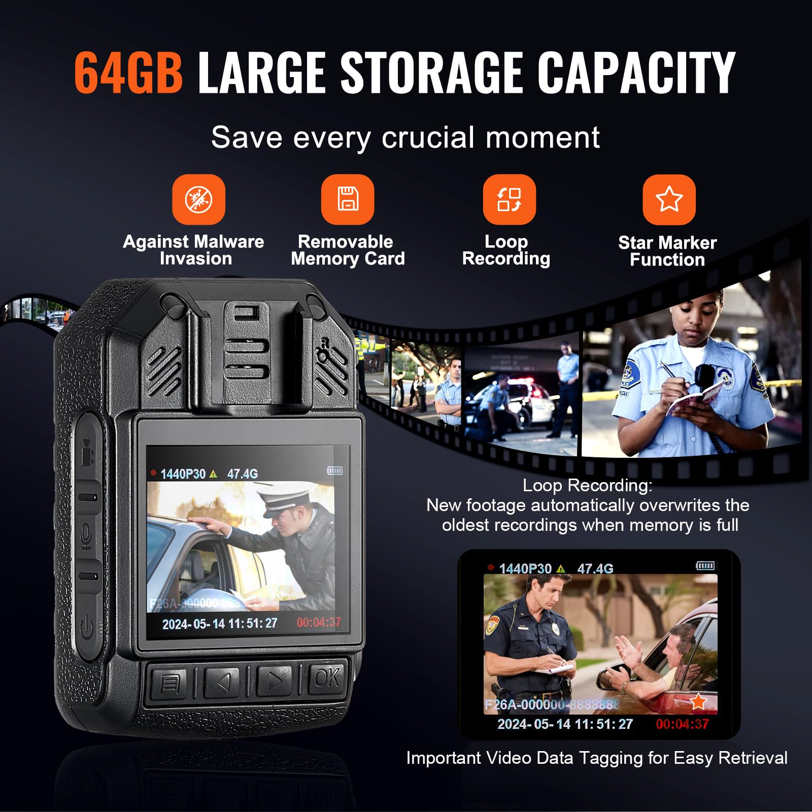 Foto 5 pulgar | Cámara Corporal Policial Vevor 1440p Hd De 64 Gb Con Visión Nocturna Por Infrarrojos - Venta Internacional.