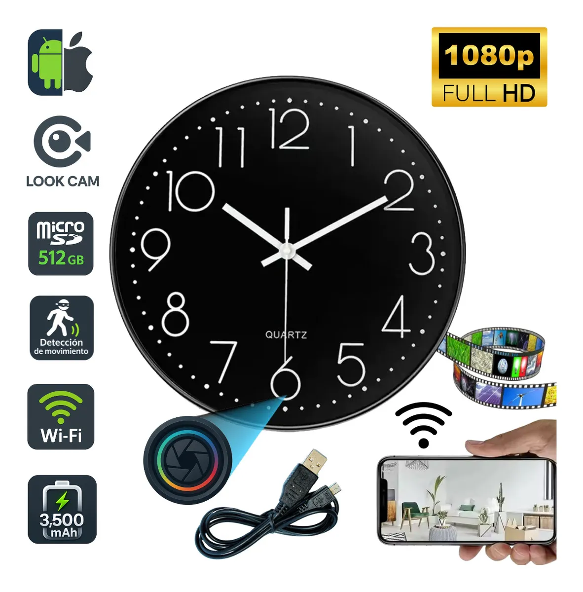 Foto 3 | Reloj De Pared Con Cámara Espía Full Hd 1080p Wifi  Grabación Remota  Compatible Con Microsd 512gb Y Control Desde App