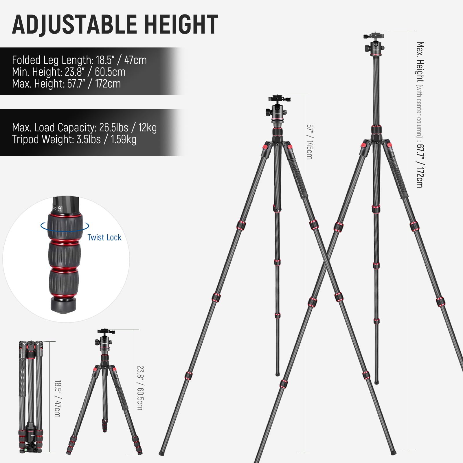 Foto 3 pulgar | Trípode Neewer N55c De Fibra De Carbono 66/168 Cm Con Cabeza Esférica De 12 Kg - Venta Internacional.