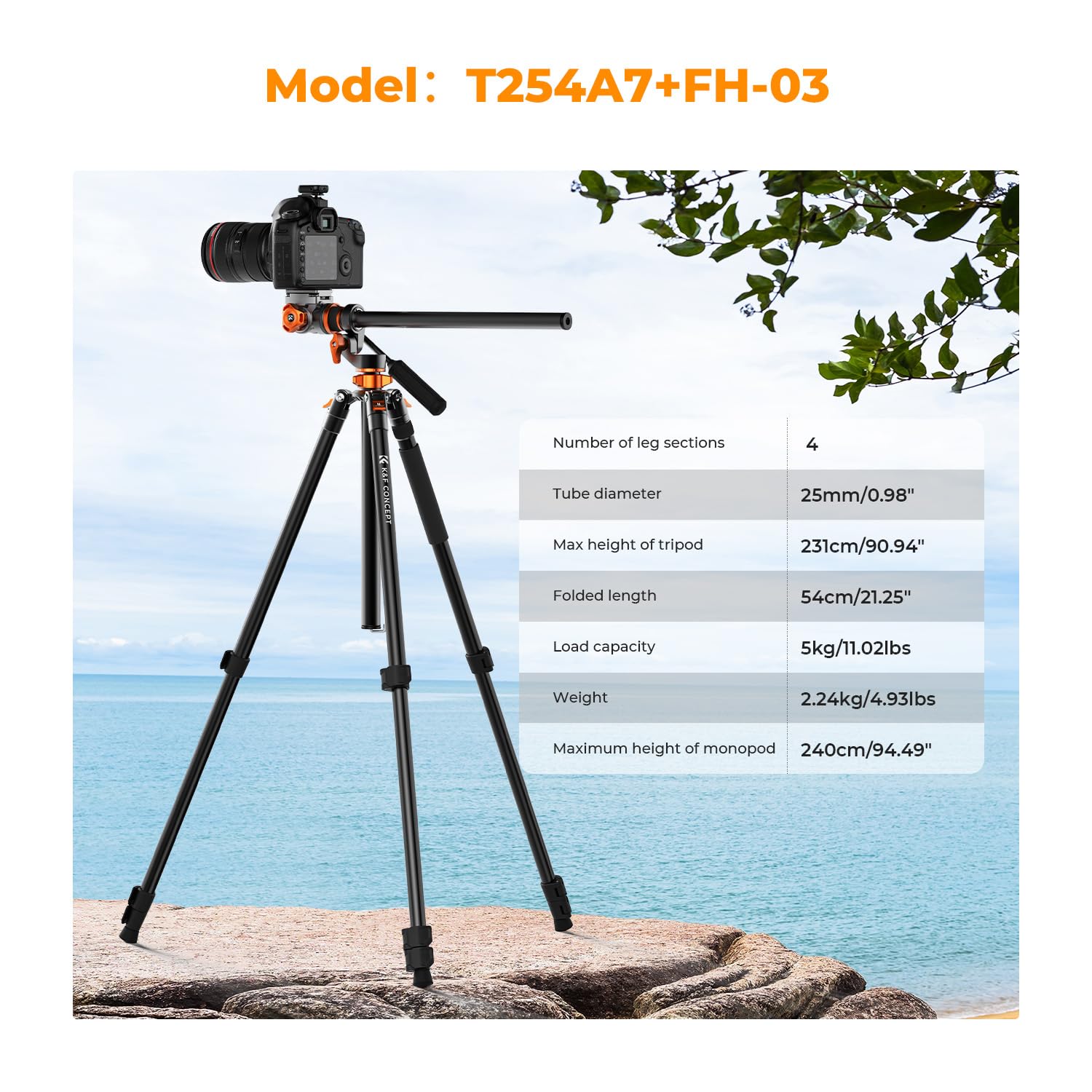 Foto 2 | Trípode Para Cámara K&f Concept Overhead De 230 Cm Con Cabezal Fluido T254a7 - Venta Internacional.