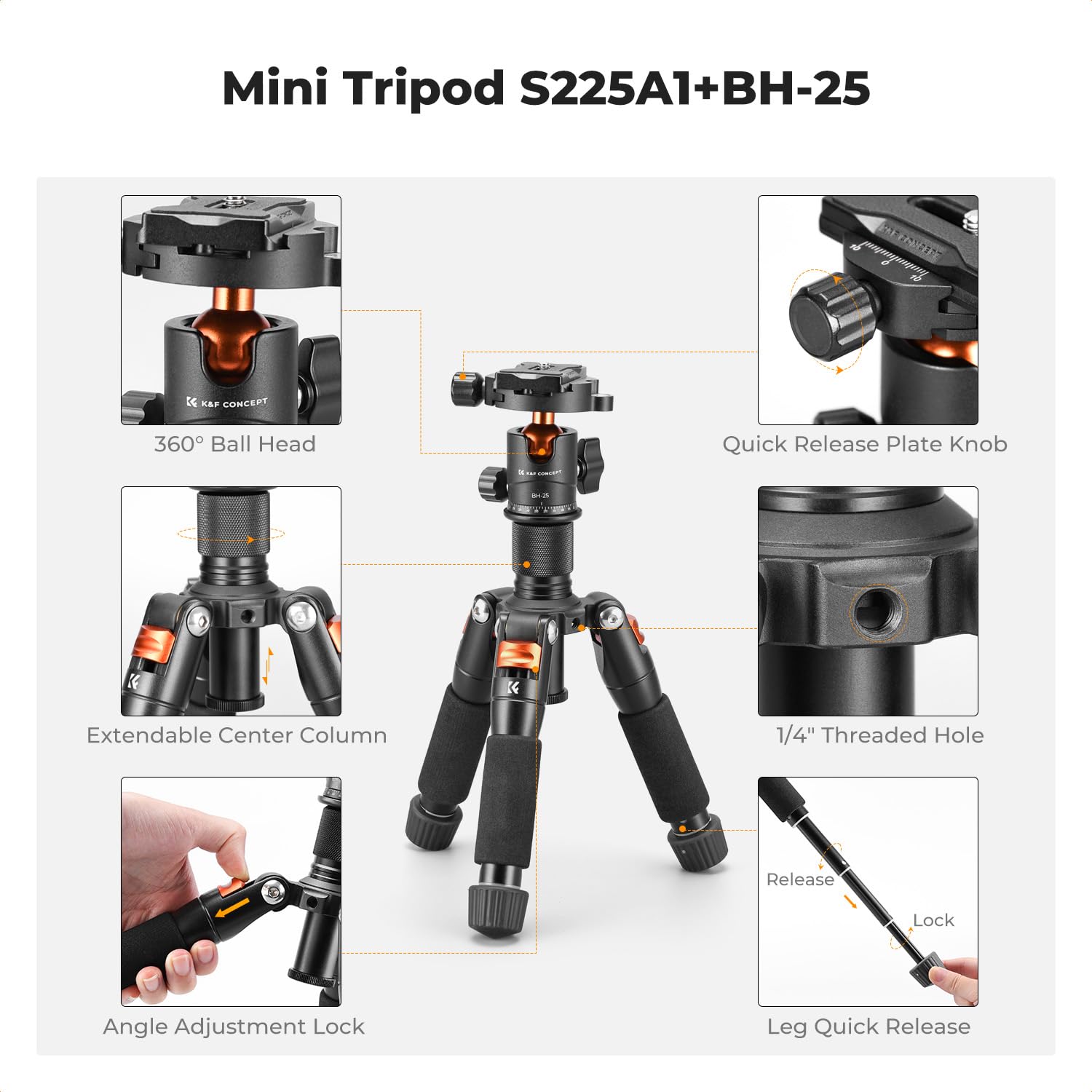 Foto 4 pulgar | Trípode K&F Concept Mini Desktop de 52 cm con Cabezal Esférico para Cámara - Venta Internacional