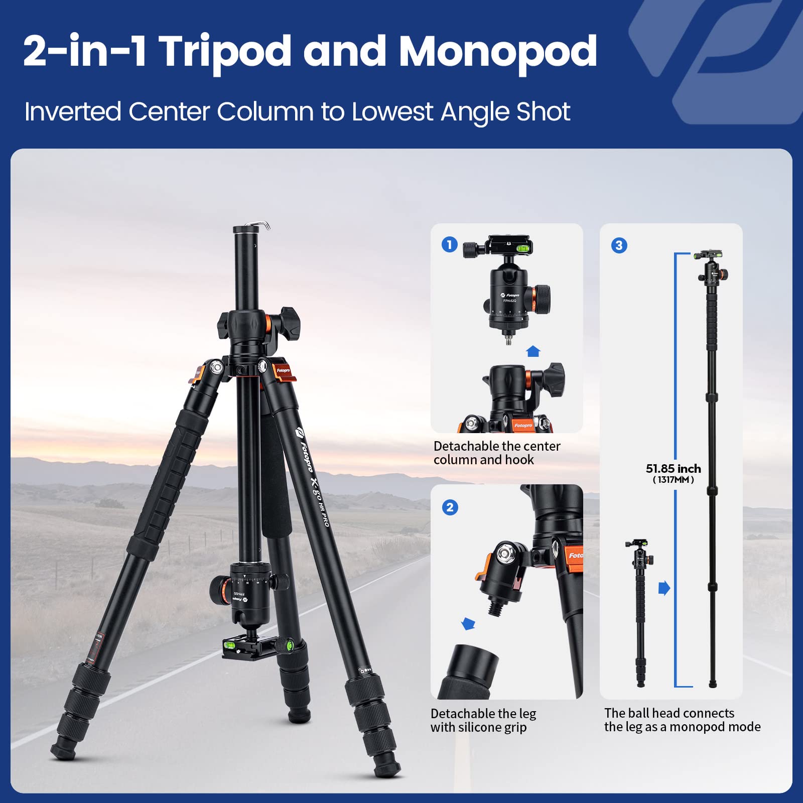 Foto 7 pulgar | Trípode Para Cámara Fotopro De 173 Cm Con Cabezal Esférico, Capacidad De Carga De 16 Kg - Venta Internacional.