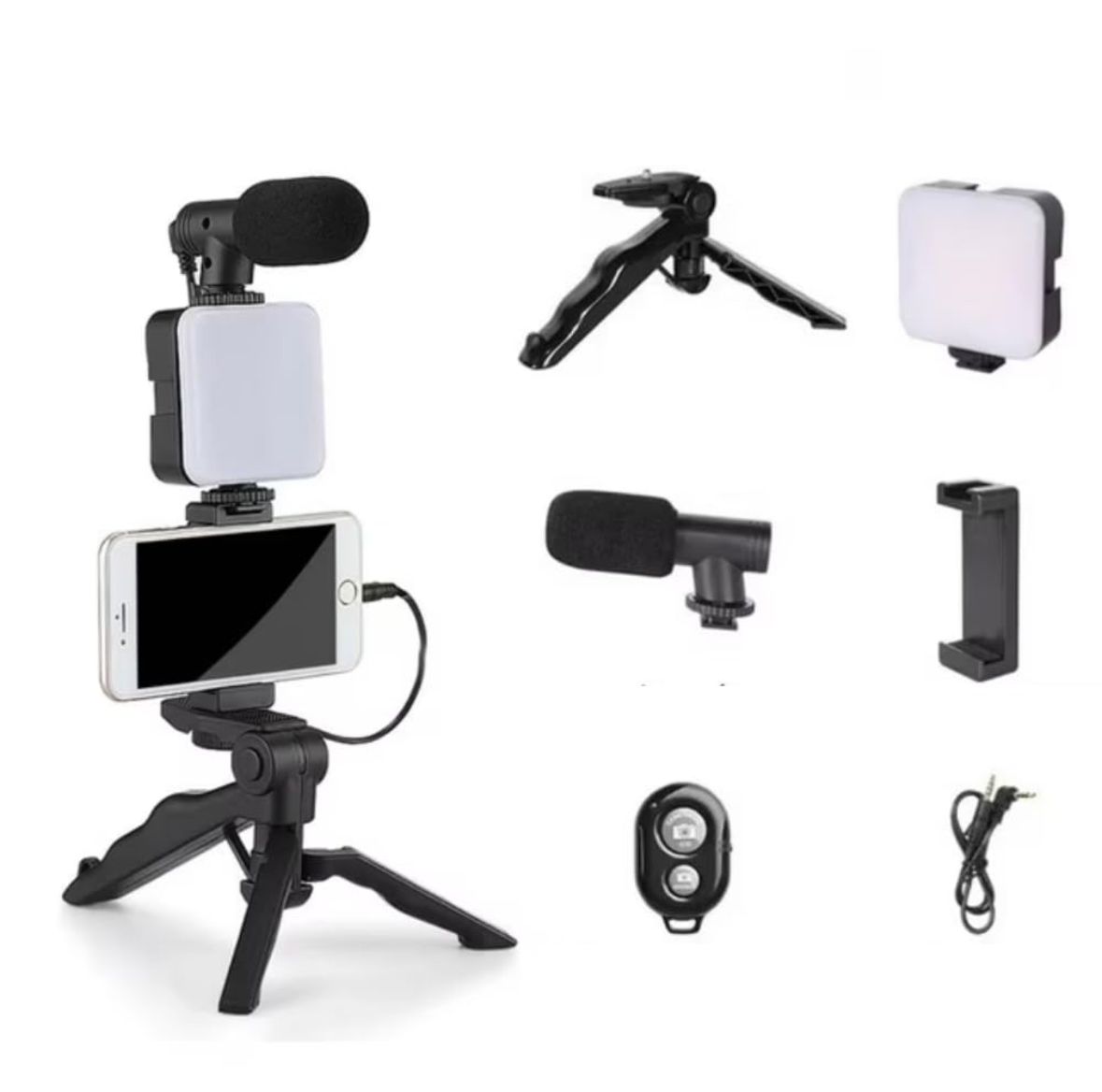 Kit De Vloggin, Micrófono Con Tripie De Mano, Luz De Relleno Y Soporte Para Celular