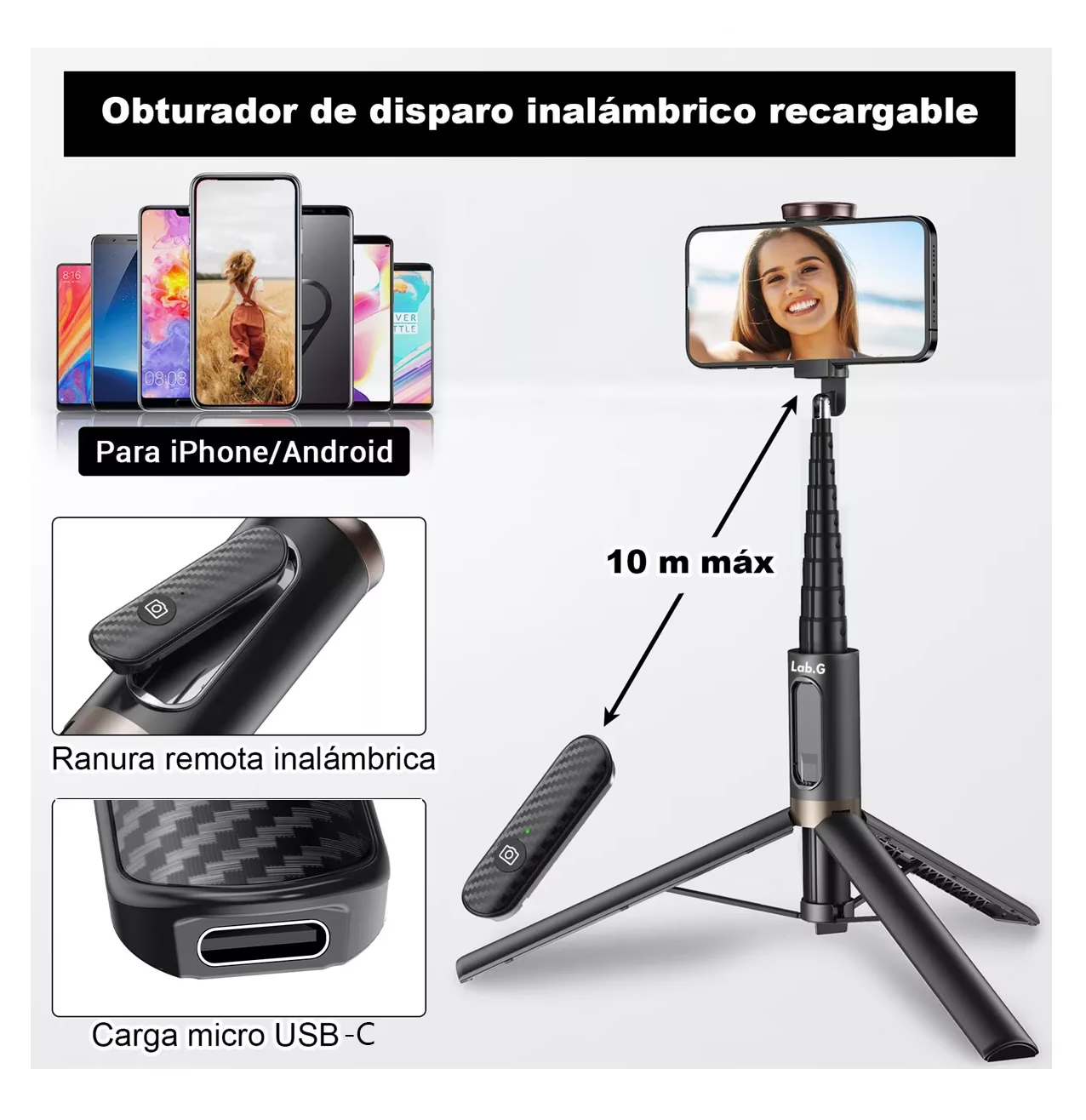 Foto 5 pulgar | Tripie Para Celular Lab.g Palo Selfies Stick Trípode 152 Cm Negro 2 Lineas Cafe