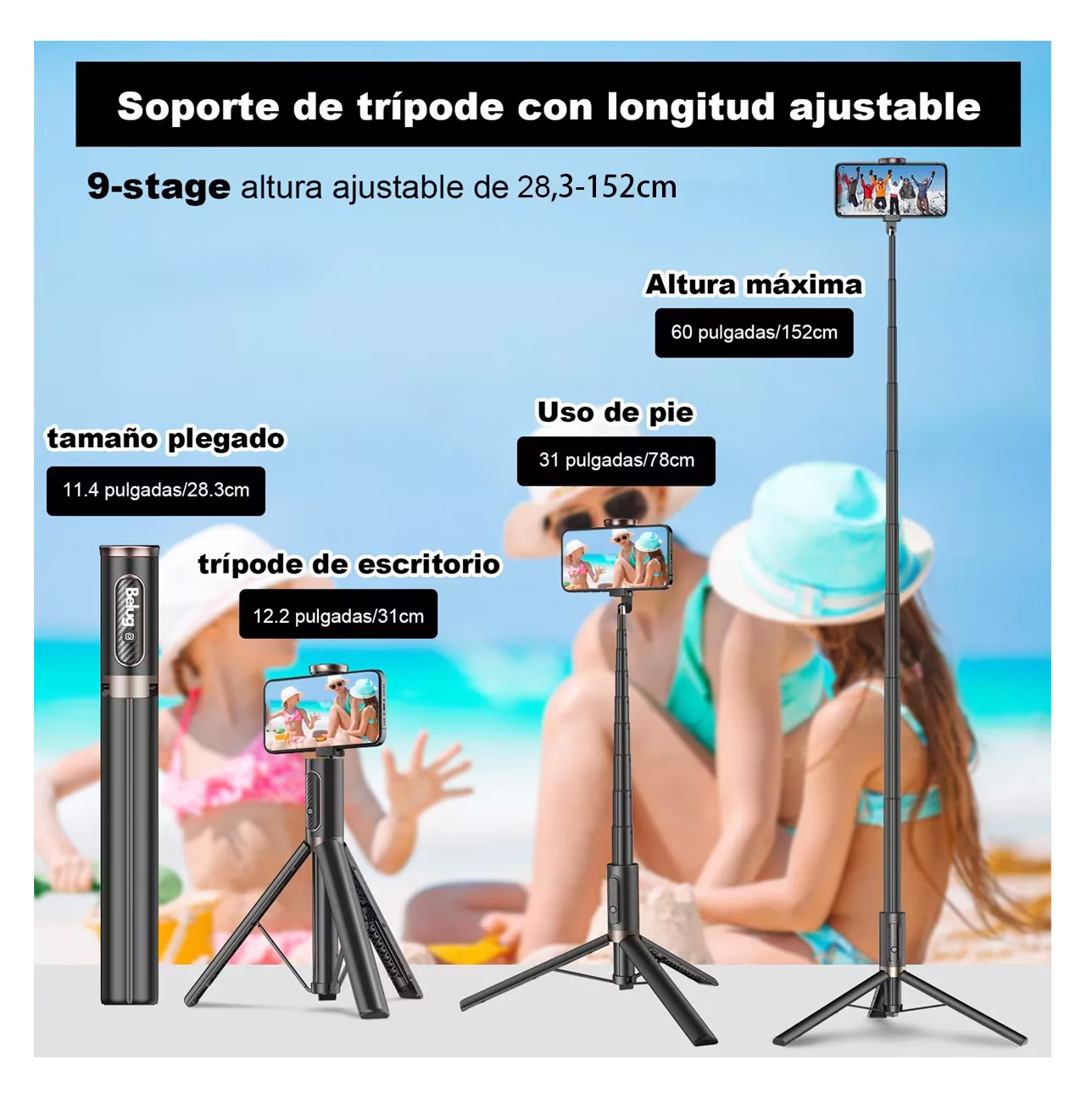 Foto 3 pulgar | Tripie Para Celular Belug Palo Selfies Stick Trípode 152 Cm Negro 2 Lineas Cafe
