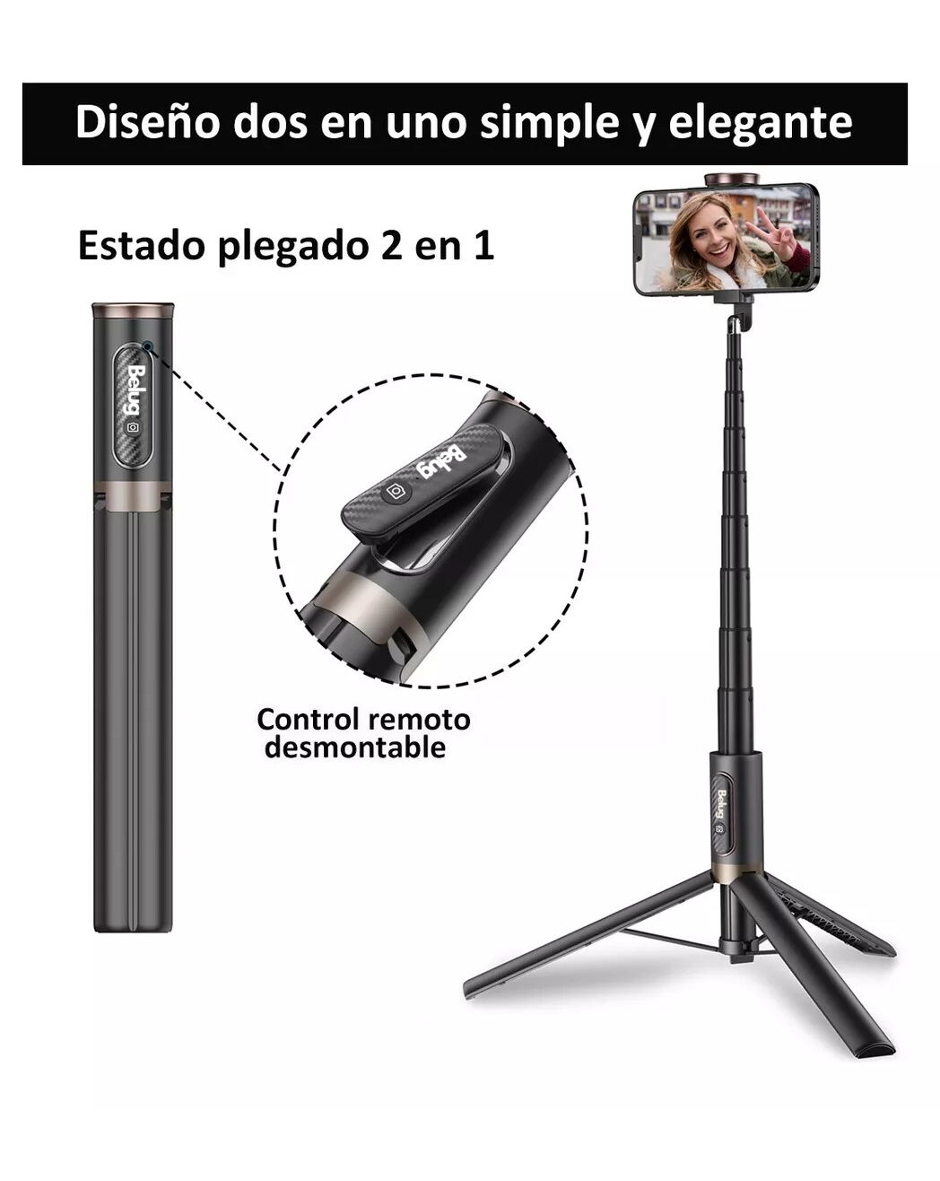 Foto 5 pulgar | Tripie Para Celular Belug Palo Selfies Stick Trípode 152 Cm Negro 2 Lineas Cafe