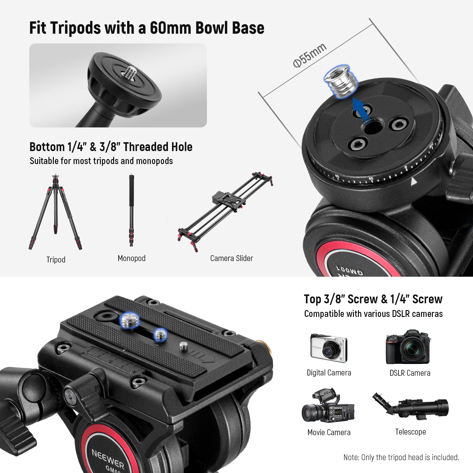 Foto 8 pulgar | Trípode Con Cabezal Fluido Neewer Gm001, Carga Máxima De 6 Kg Para Cámaras Réflex Digitales - Venta Internacional.