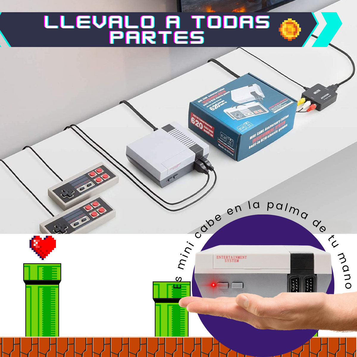 Foto 7 pulgar | Miniconsola Retro Nintendo 620 Juegos Clásicos 2 Controles