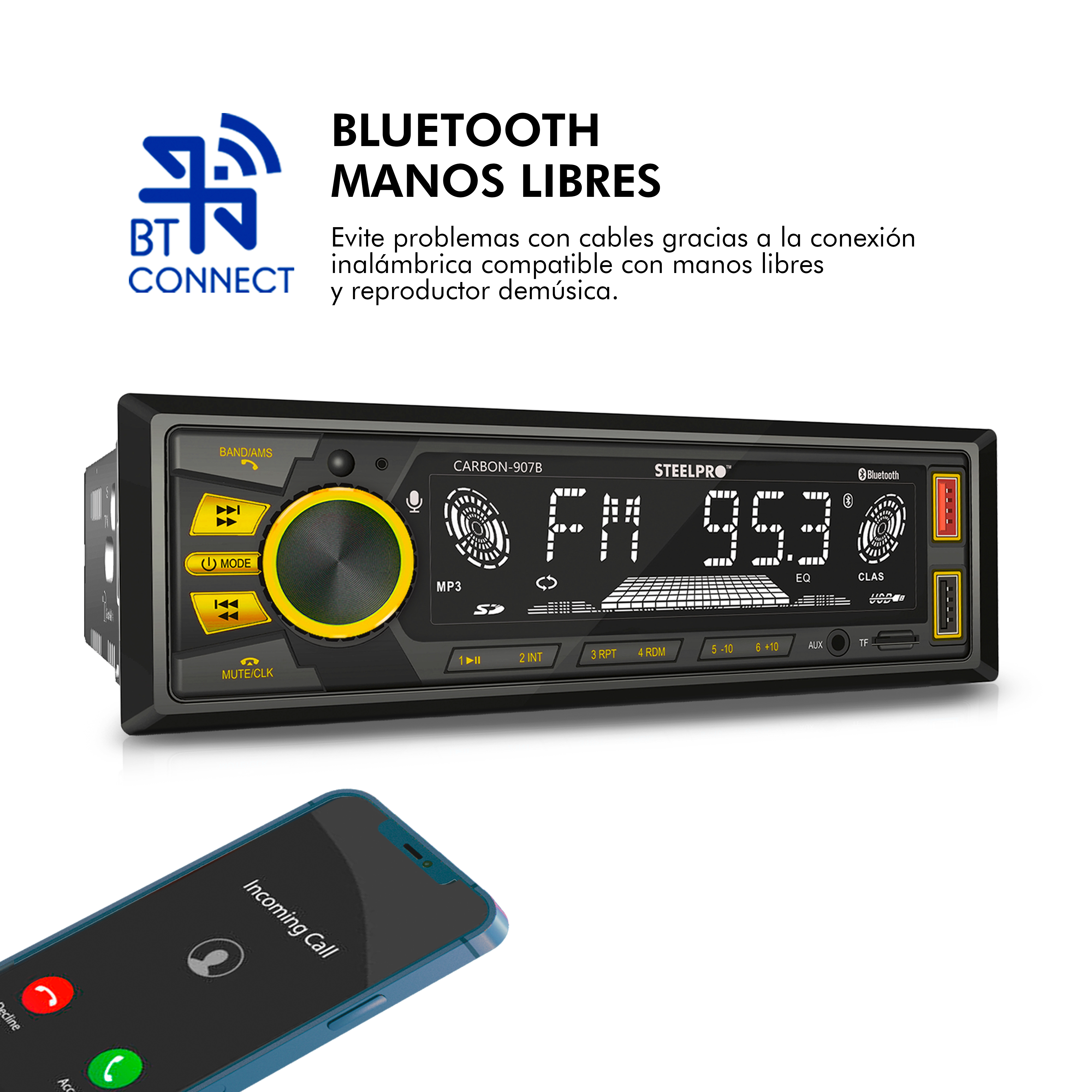 Foto 5 pulgar | Autoestéreo Steelpro Bluetooth Usb/sd 1 Din Carbon-907b