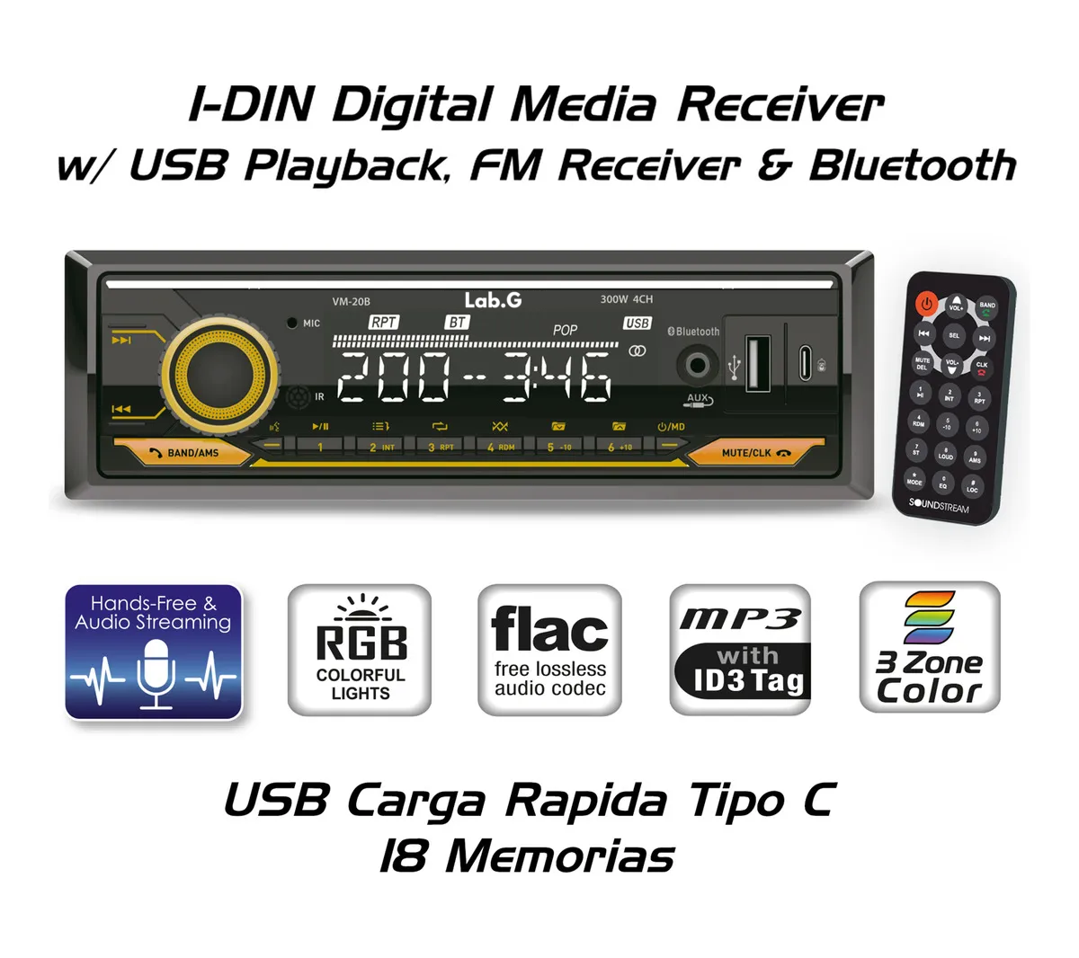 Foto 3 pulgar | ''autoestereo 1 Din Bluetooth Soundstream Vm-20b Usb Tipo C Aux Fm Rgb Negro ''