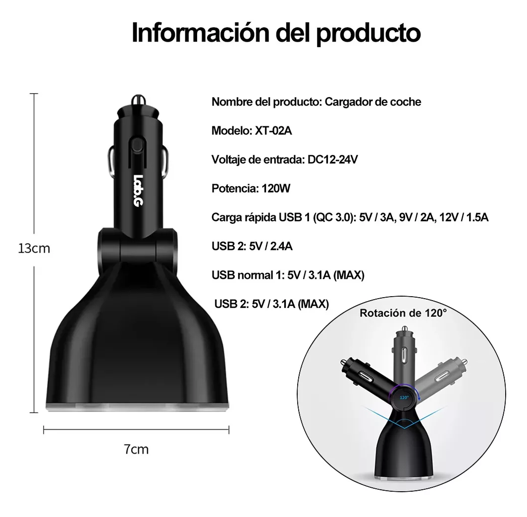 Foto 2 | Cargador Y Encendedor Lab.g Para Auto Cargadores Celulares Rápida 2 Usb Negro