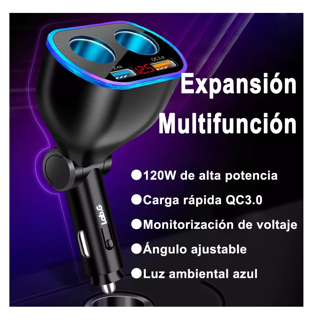Foto 4 | Cargador Y Encendedor Lab.g Para Auto Cargadores Celulares Rápida 2 Usb Negro
