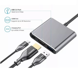 Foto 2 | Adaptador Tipo C A Hdmi 4k Convertidor Hub Usb 3.0 3 En 1eo Safe Imports Esi-5071 Plata