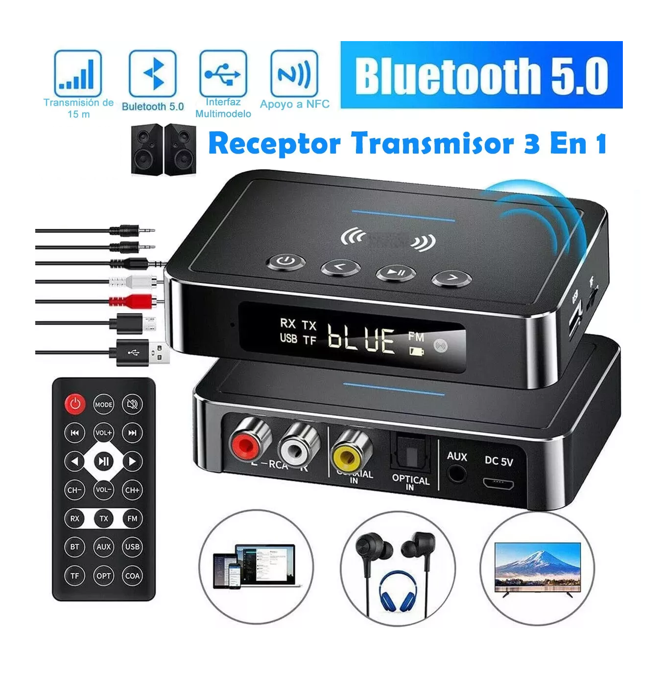 Foto 2 | Transmisor/receptor Audio Estéreo Adaptador Bluetooth 5.0 Negro