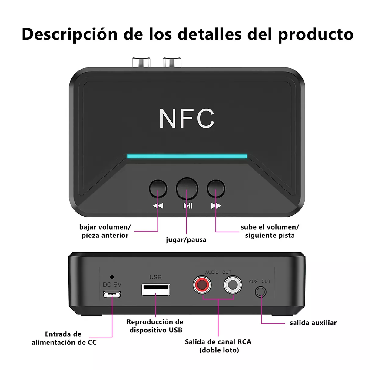 Foto 4 | Nfc Bluetooth5.0 Transmisor y Receptor Audio Estéreo Adaptador Negro