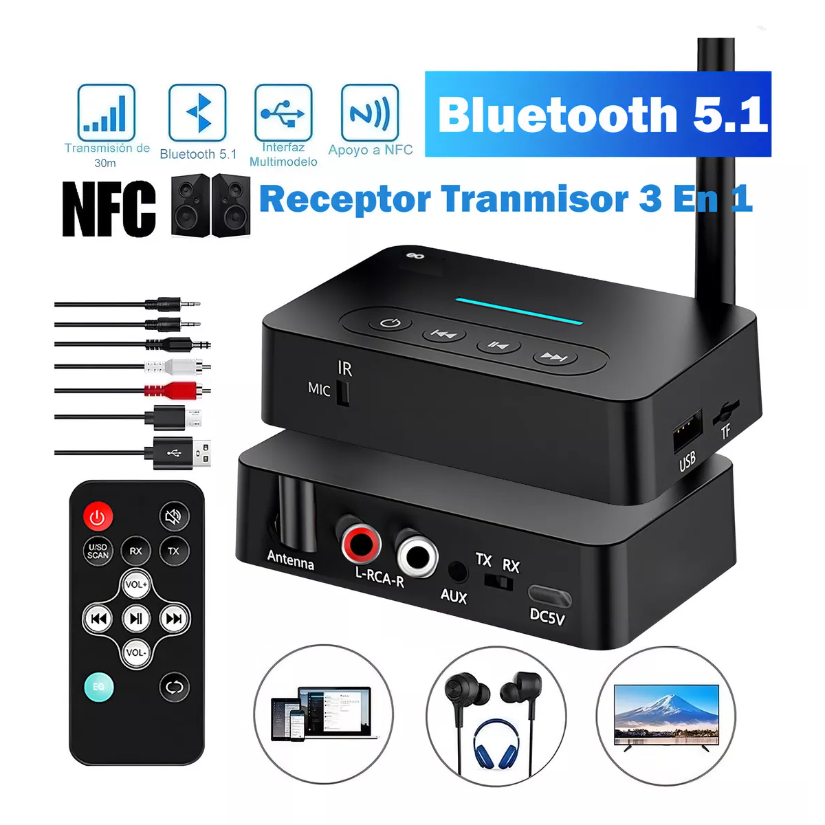 Foto 4 pulgar | Nfc Bluetooth5.1 Transmisor/receptor Audio Estéreo Adaptador Eo Safe Imports Esi-18636 Negro
