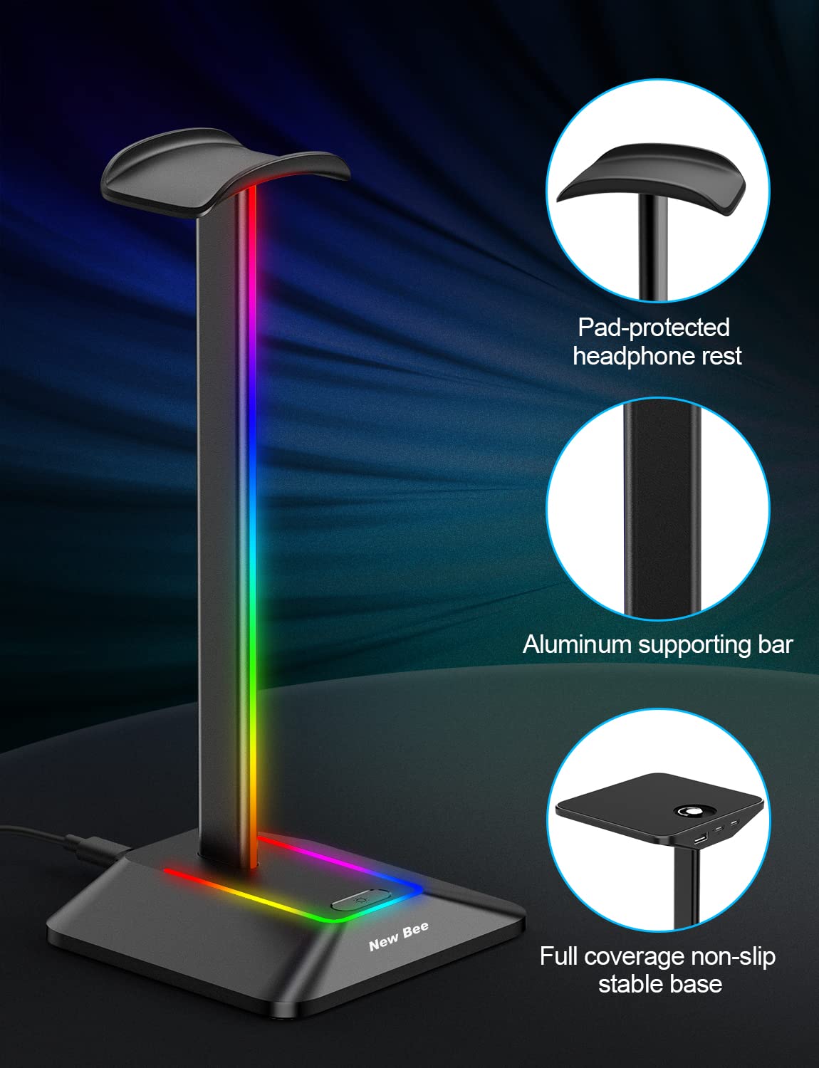 Foto 5 pulgar | Soporte Para Auriculares Rgb New Bee Con Puertos Usb-c Y Usb (negro) - Venta Internacional.