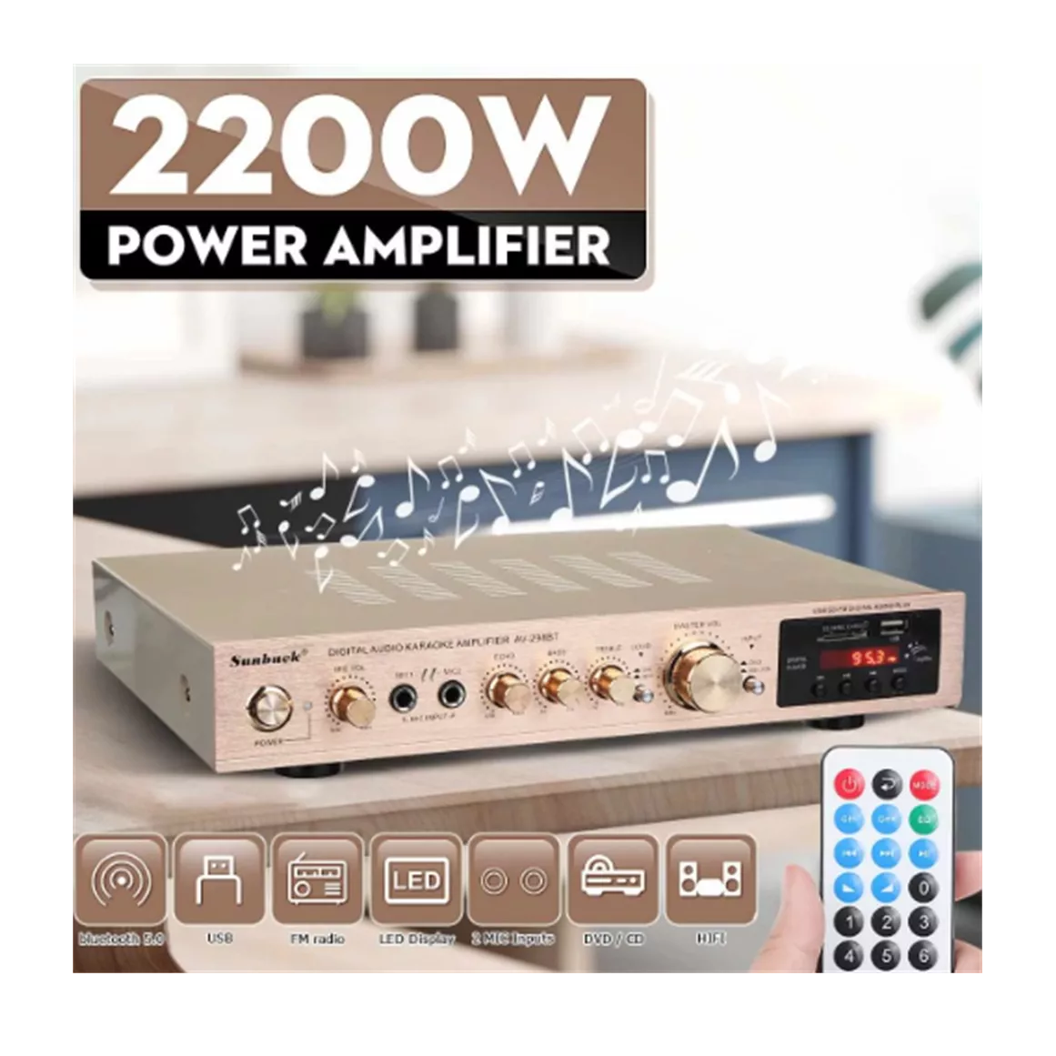 Foto 3 pulgar | Amplificador Audio Bluetooth 5 Canales 2000w Para Uso Domésto Dorado