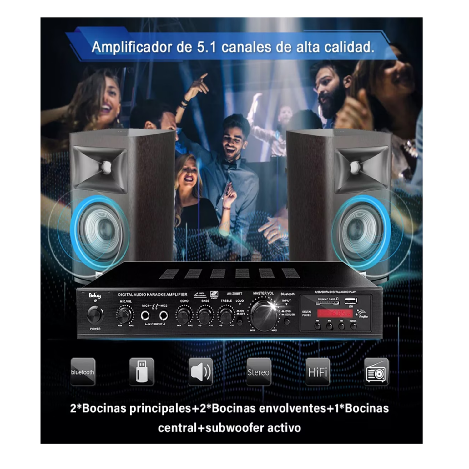 Foto 2 | Amplificador De Audio Belug Av-298bt De 5 Canales, 2000w Negro