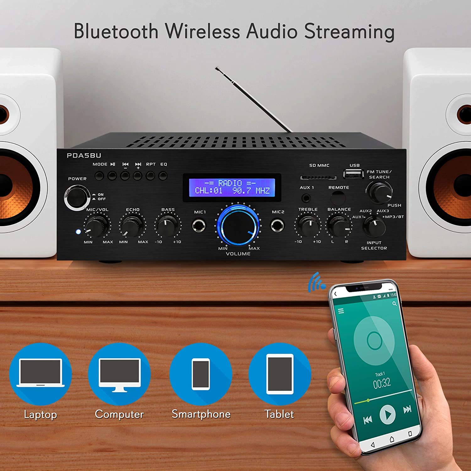 Foto 3 | Amplificador De Potencia Bluetooth Pyle Pda5bu 200 W Con Usb Aux Fm - Venta Internacional.