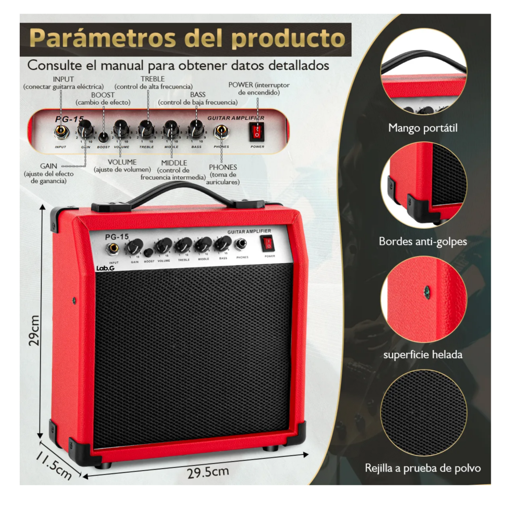 Foto 6 pulgar | 20w Amplificador Para Guitarra Y Bajo Eléctrico Con Aux Lab.g,  Rojo Negro