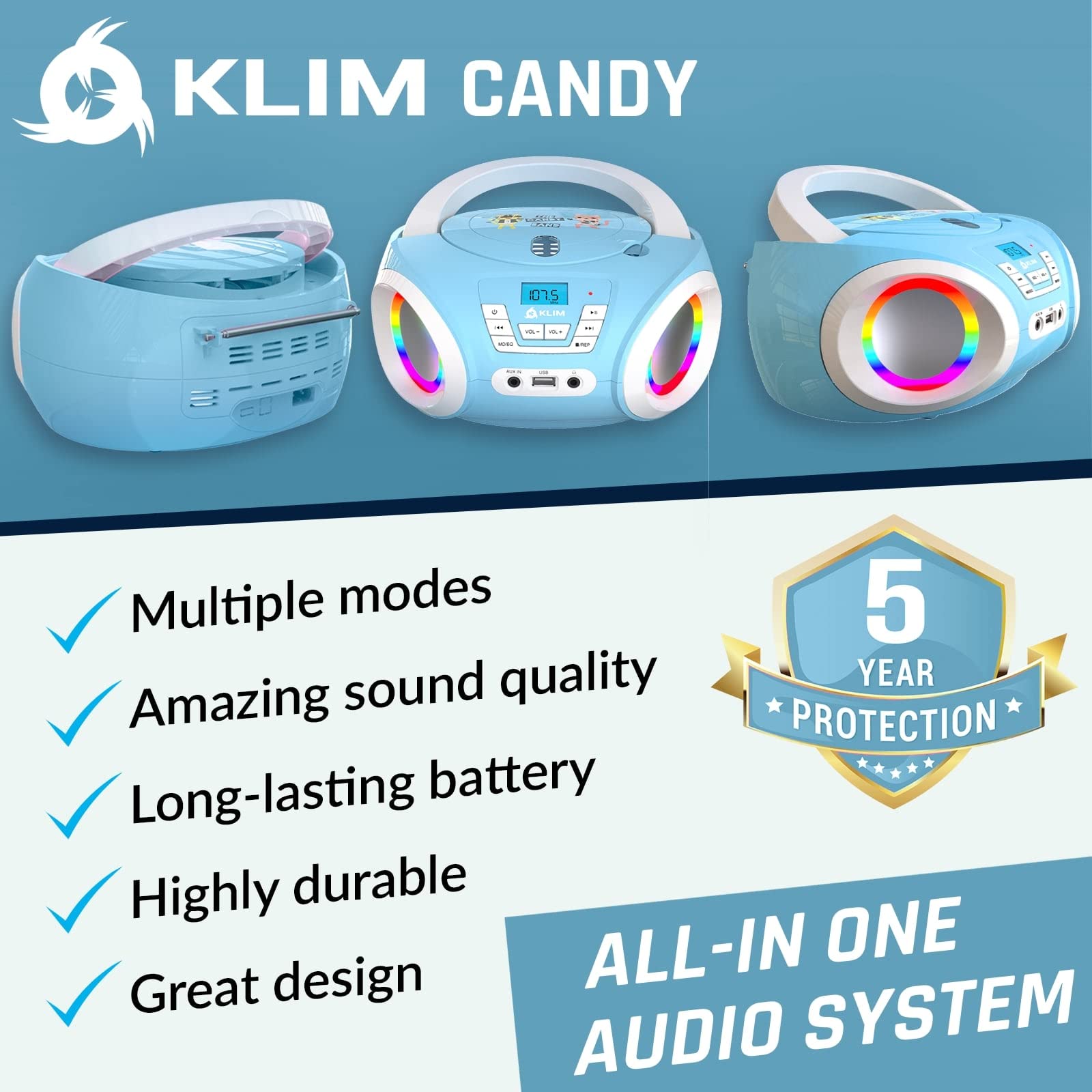 Foto 3 pulgar | Reproductor De Cd Portátil Klim Candy Kids Boombox Con Radio Fm Blue - Venta Internacional.
