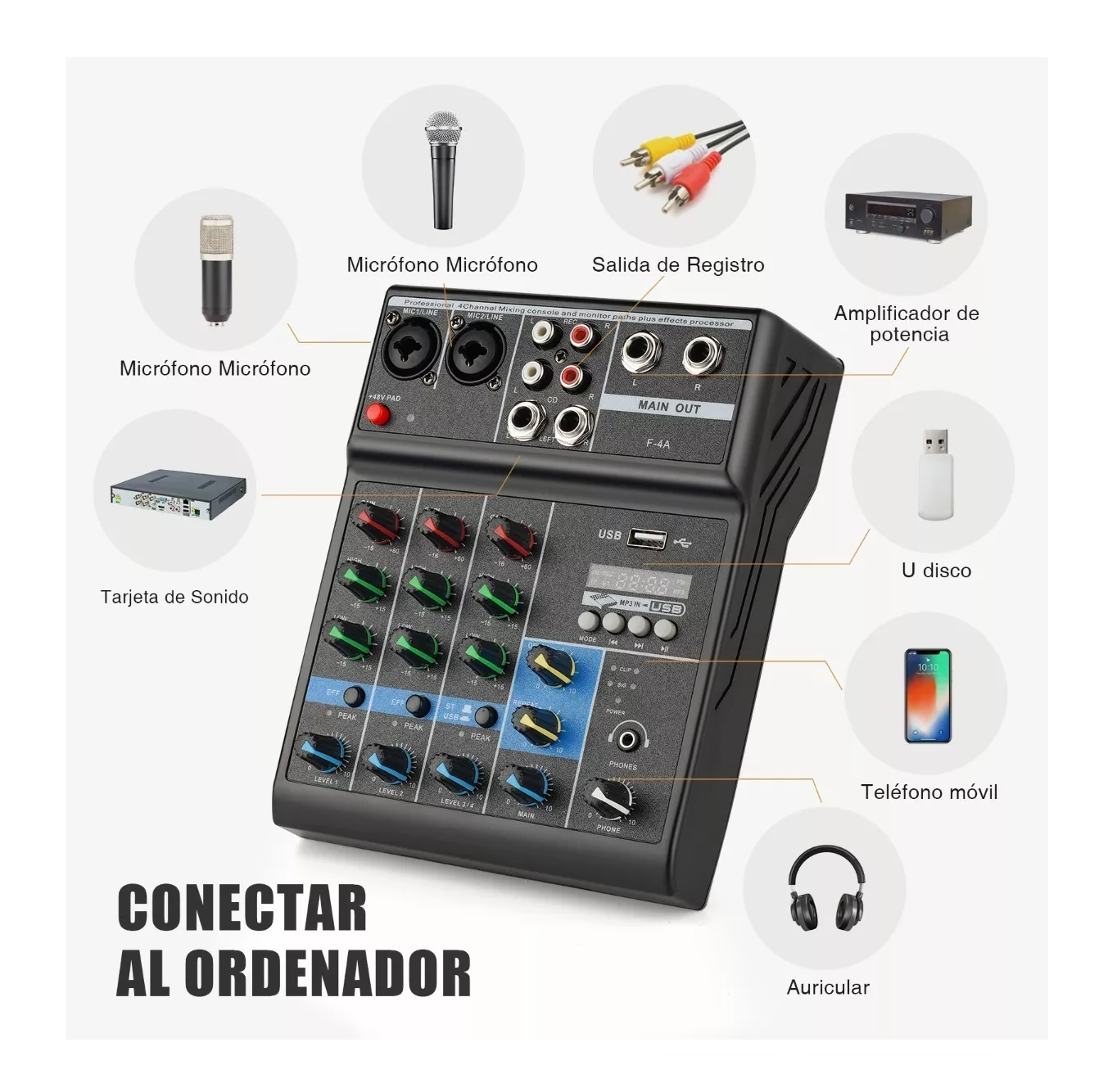 Foto 3 | Mezclador de Audio Bluetooth 4 Canales de Consola Tarjeta Negro