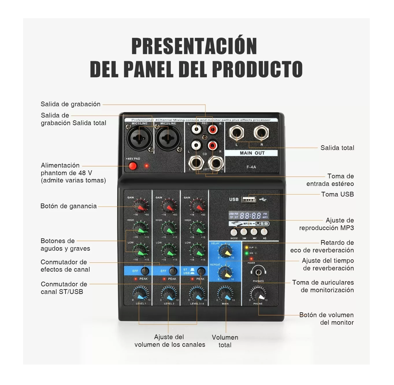 Foto 4 | Mezclador de Audio Bluetooth 4 Canales de Consola Tarjeta Negro