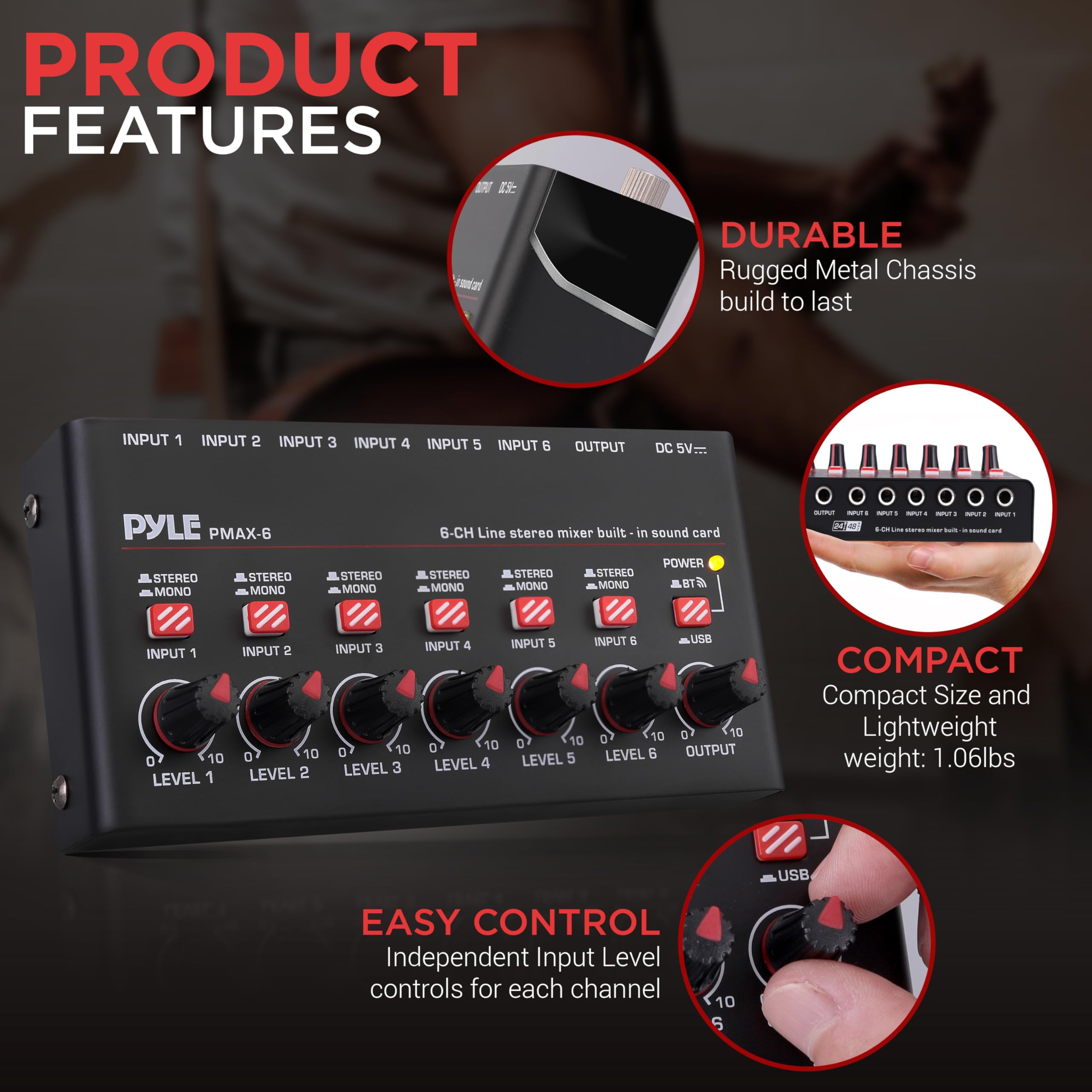 Foto 6 | Mezclador Inalámbrico Bt Streaming Mini Line Pyle Pmax6 De 6 Canales - Venta Internacional.