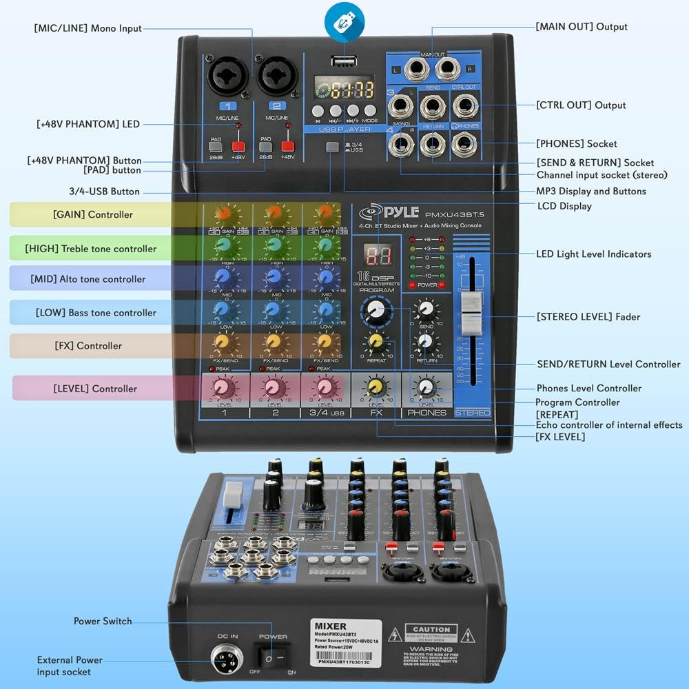 Foto 3 pulgar | Mezclador De Audio Pyle Pmxu43bt.5 4 Canales Usb Bluetooth Mp3 - Venta Internacional.