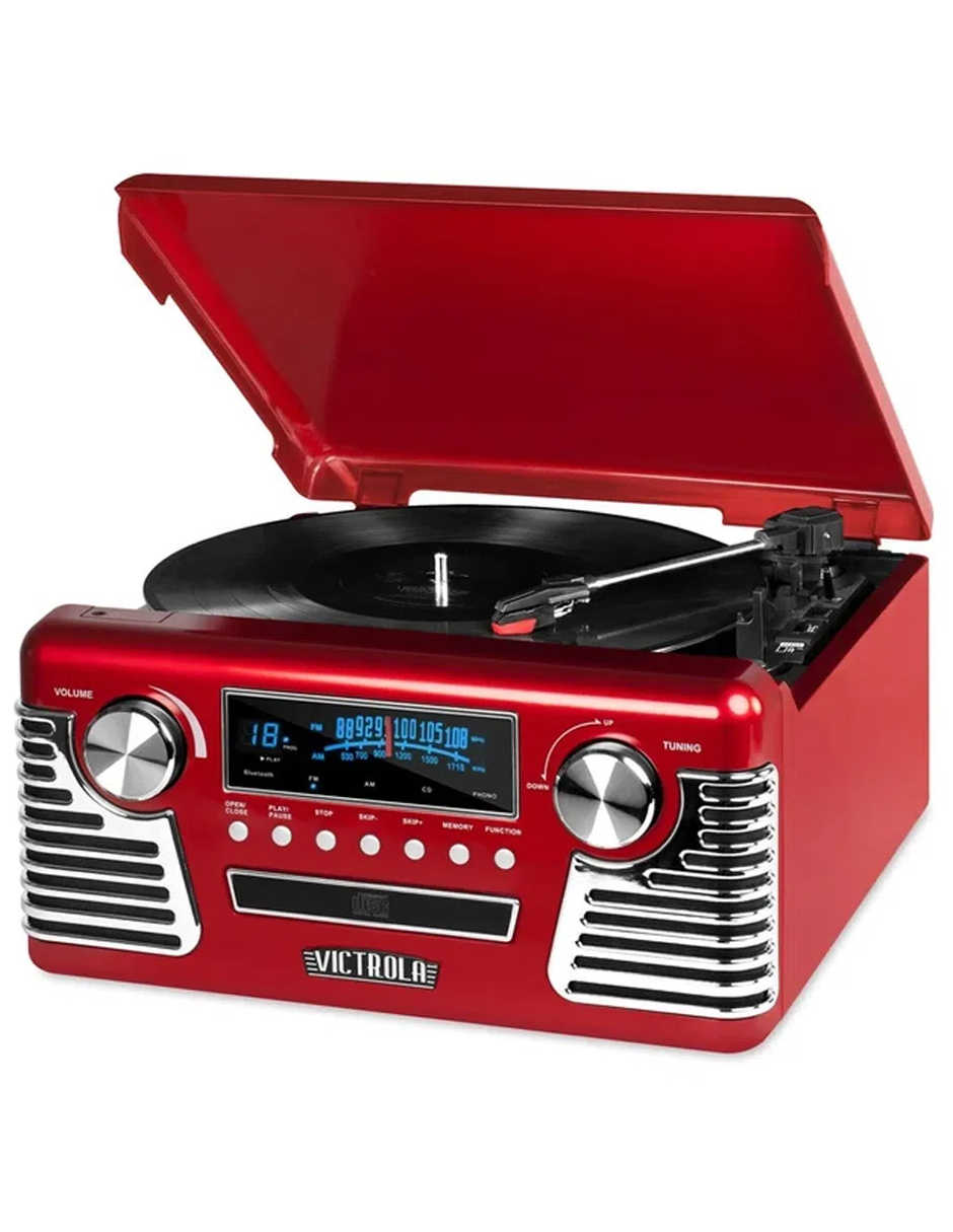 Tornamesa Bt Stereo Cd Player Victrola color Rojo