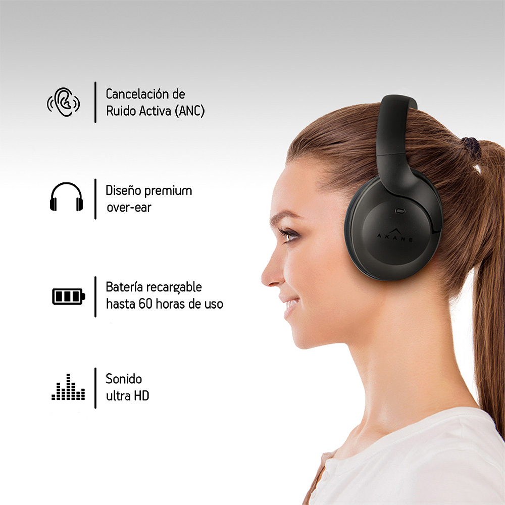 Foto 3 pulgar | Audífonos Inalámbricos Bluetooth Diadema Cancelación Activa de Ruido Akane Negro 83214-bl