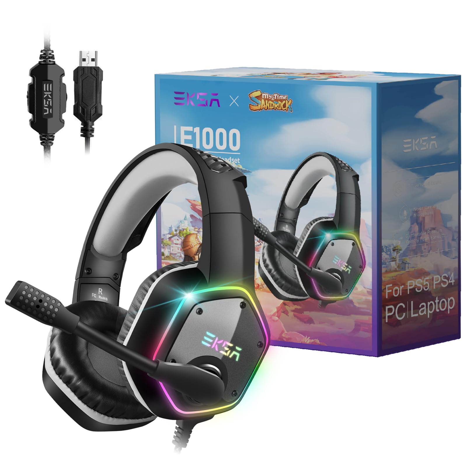 Auriculares Para Juegos Eksa Micrófono Con Cancelación De Ruido Rgb Gris Claro-sandrock - Venta Internacional.