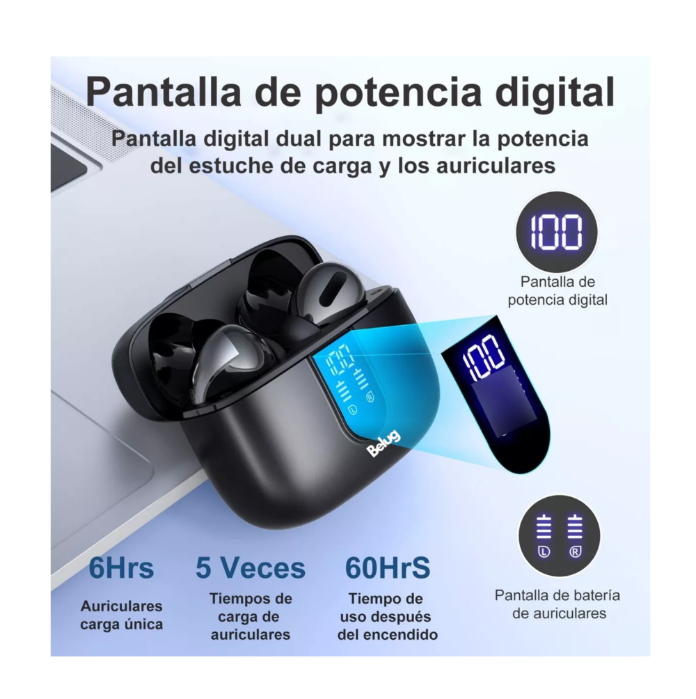 Foto 4 pulgar | Auriculares Inalámbricos Manos Libres 60 Horas, Belug  Negro