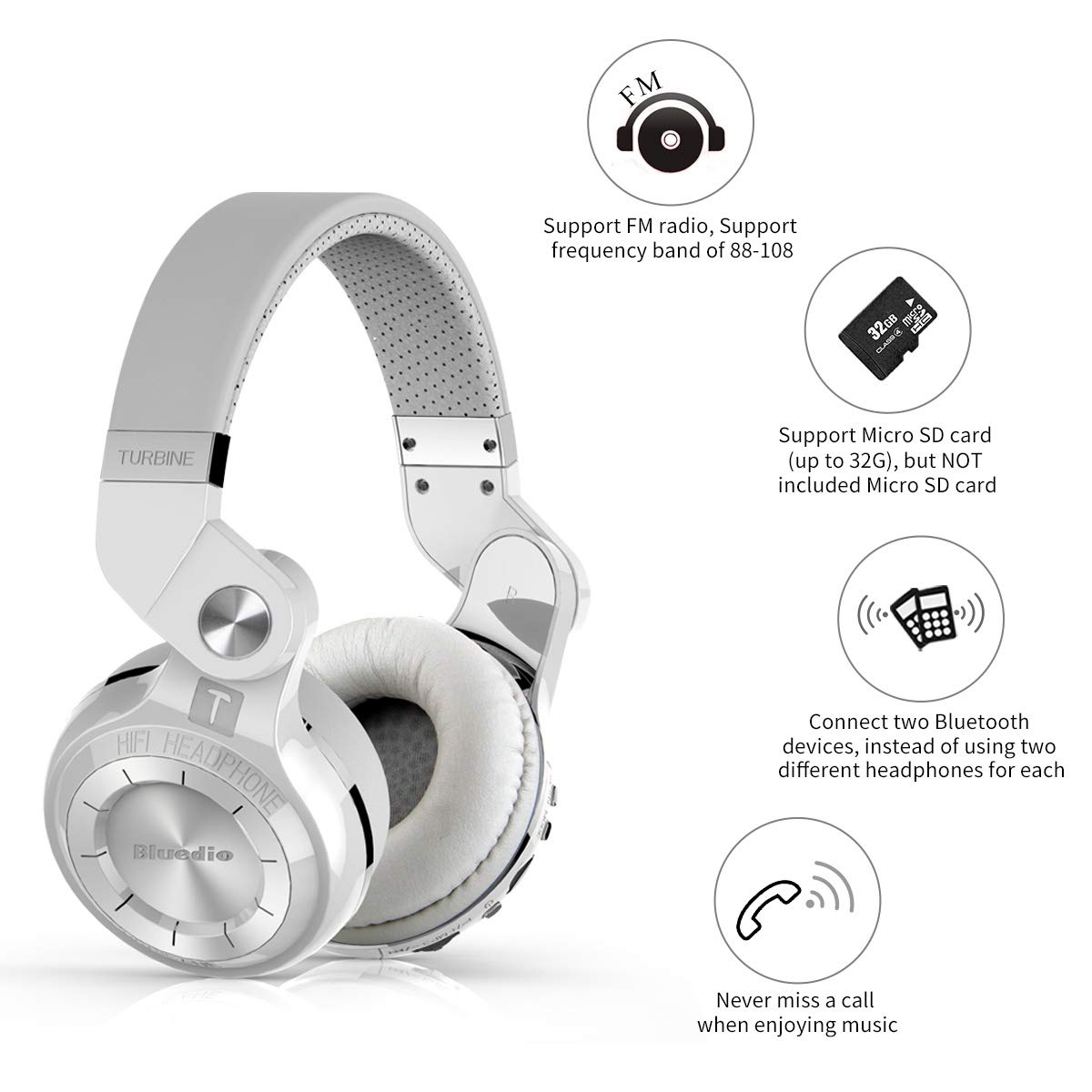 Foto 3 | Audífonos Inalámbricos Bluedio T2 Plus Blancos con Bluetooth-Venta Internacional