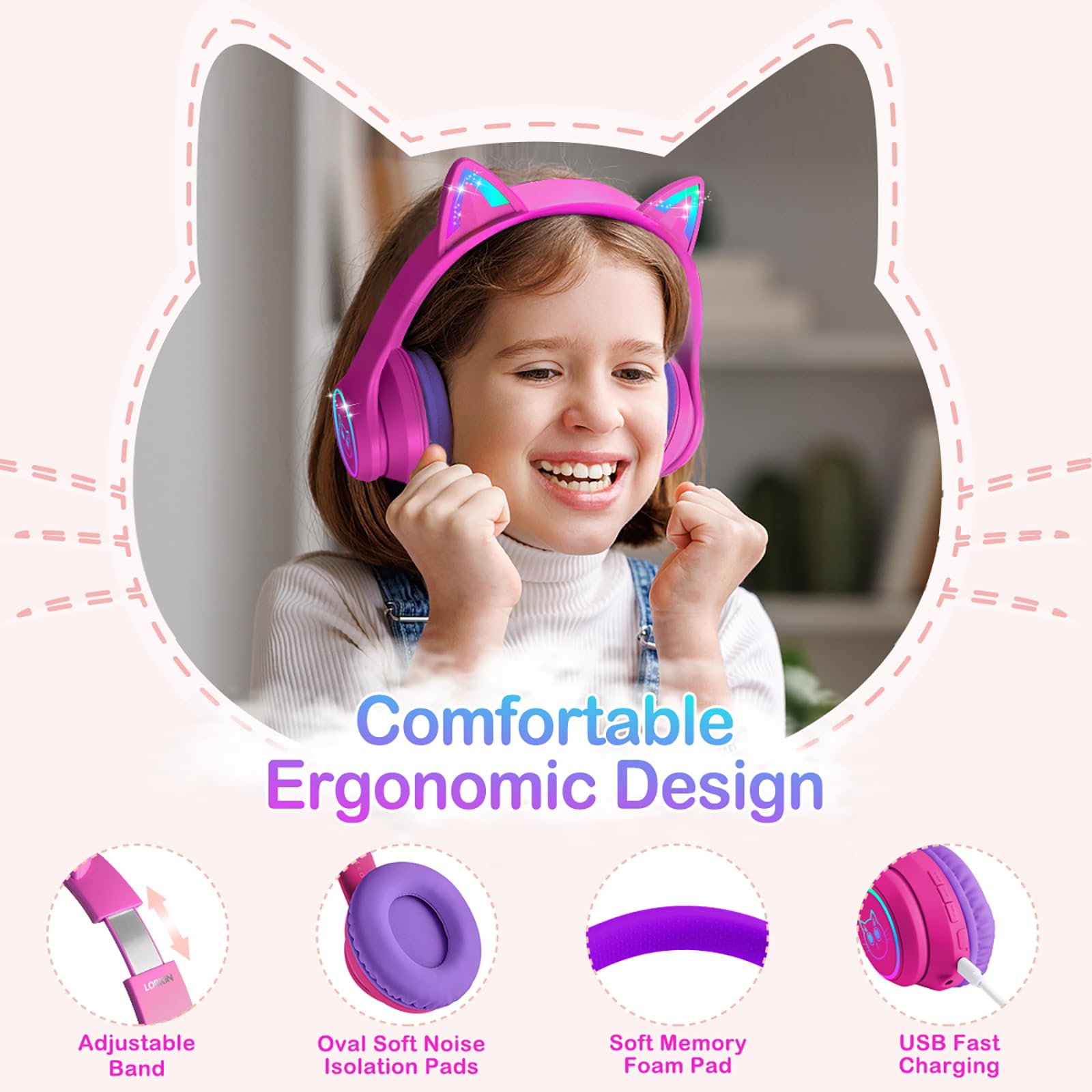 Foto 3 pulgar | Auriculares Lobkin Bluetooth 5.4 Para Niños Con Funda Led Rgb Con Orejas De Gato - Venta Internacional.