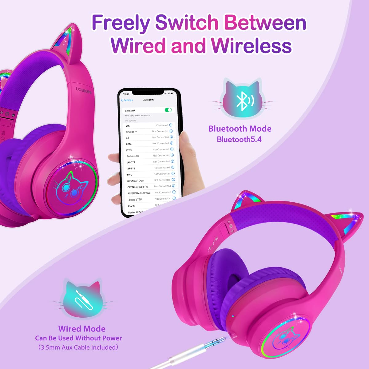 Foto 4 pulgar | Auriculares Lobkin Bluetooth 5.4 Para Niños Con Funda Led Rgb Con Orejas De Gato - Venta Internacional.