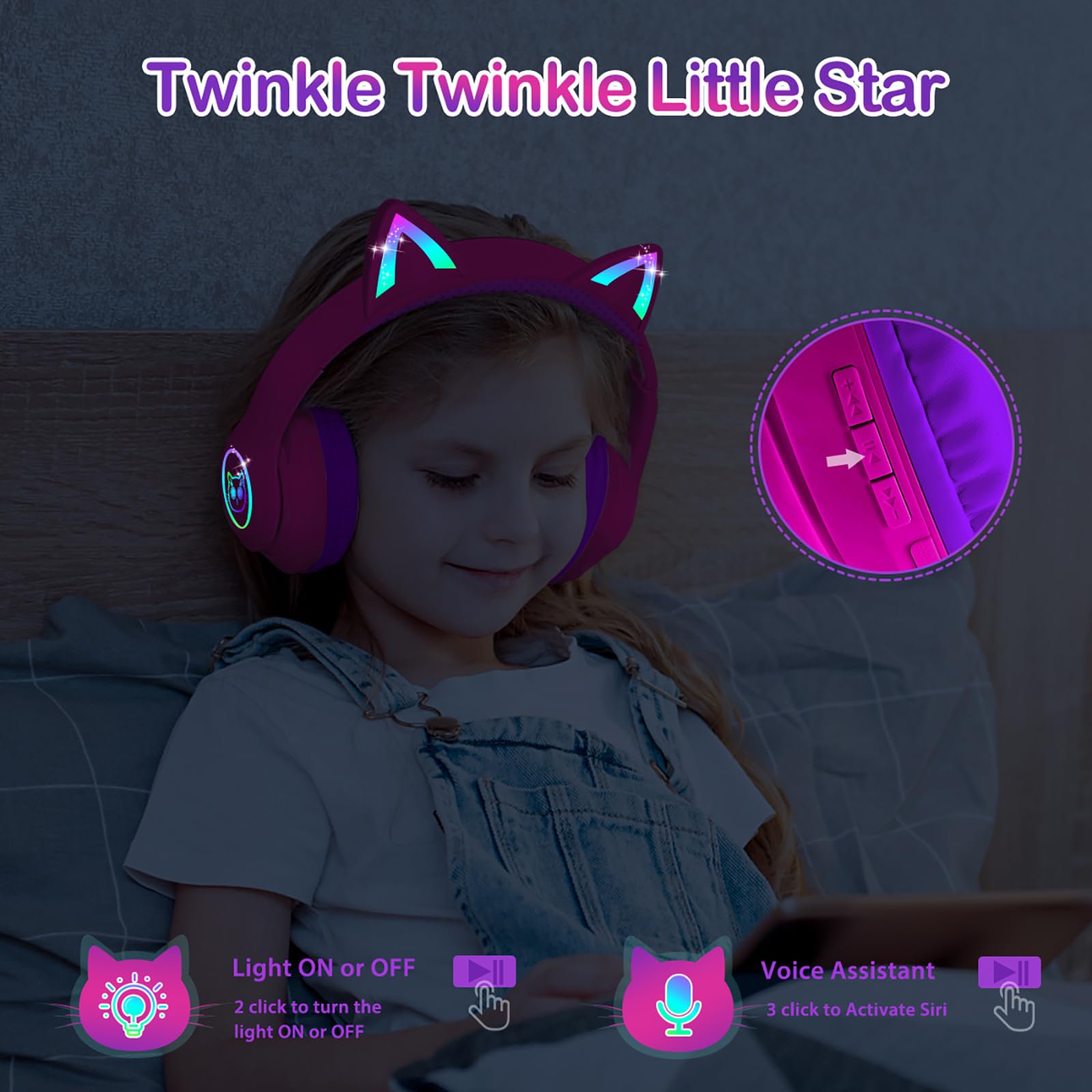 Foto 5 pulgar | Auriculares Lobkin Bluetooth 5.4 Para Niños Con Funda Led Rgb Con Orejas De Gato - Venta Internacional.
