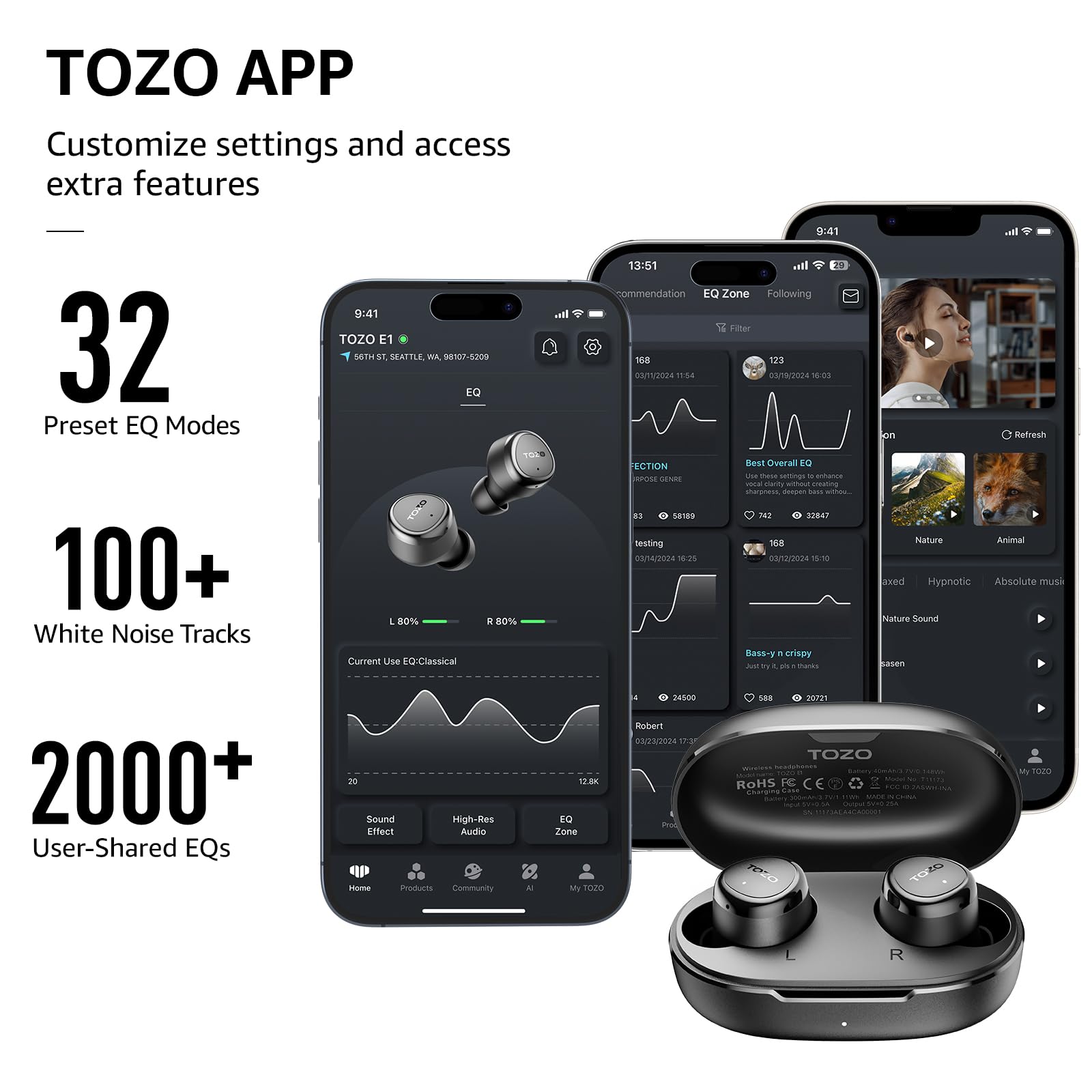 Foto 5 pulgar | Auriculares Inalámbricos Tozo E1 Con Micrófono Bluetooth 5.3 30h Playtime Negros - Venta Internacional.