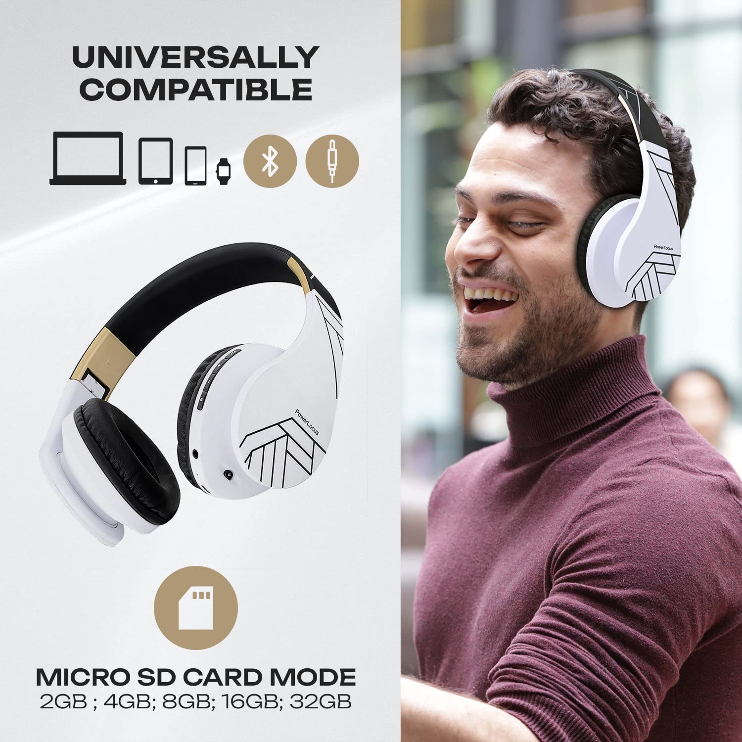 Foto 4 pulgar | Auriculares Supraaurales Bluetooth Powerlocus Inalámbricos En Blanco Y Negro - Venta Internacional.