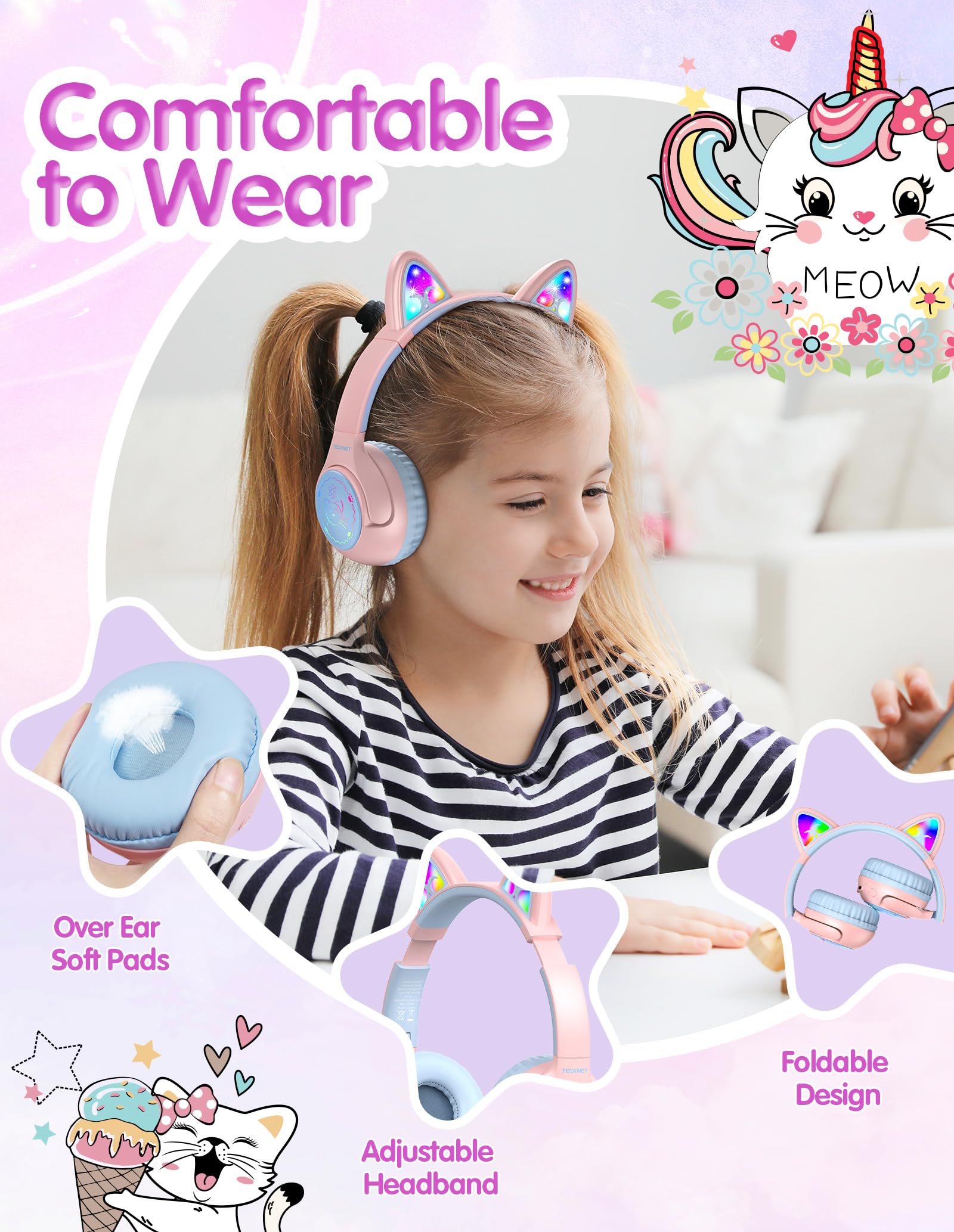 Foto 4 pulgar | Auriculares Bluetooth Tecknet Cat Ear Kids 70h Playtime - Venta Internacional
