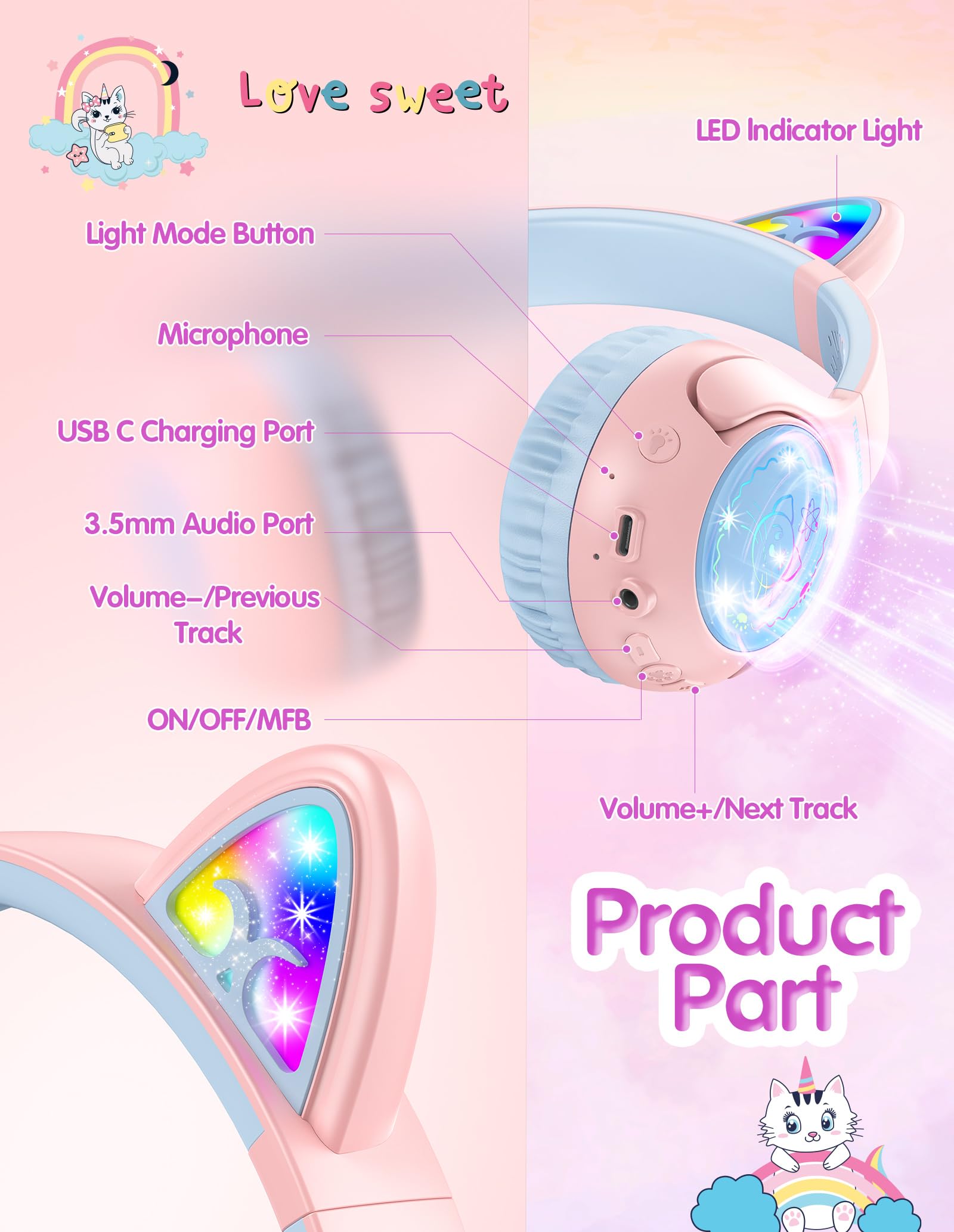 Foto 6 pulgar | Auriculares Bluetooth Tecknet Cat Ear Kids 70h Playtime - Venta Internacional