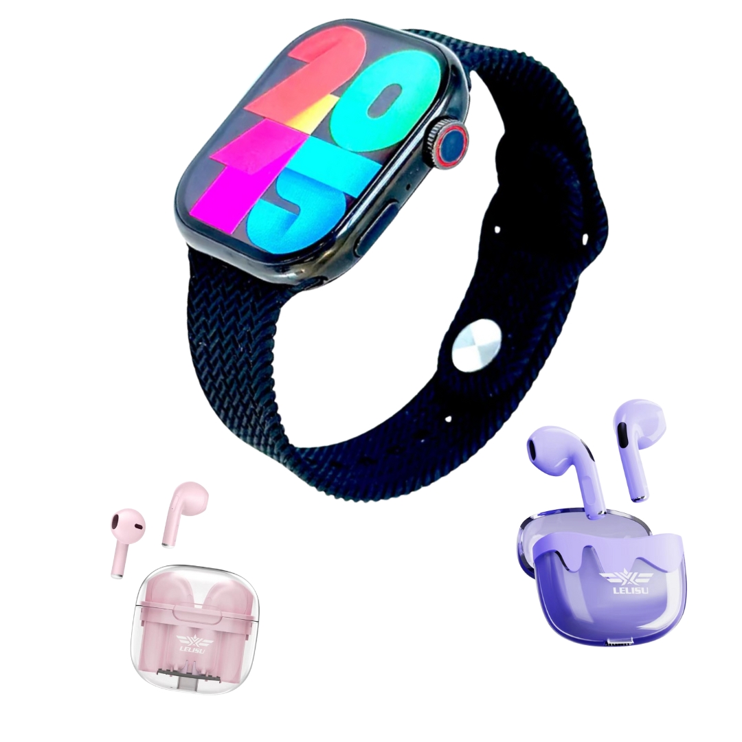 Foto 2 pulgar | Combo  SmartWatch Jw9 color Negro Con 2 Audífonos Lelisu Rosa Y Morado
