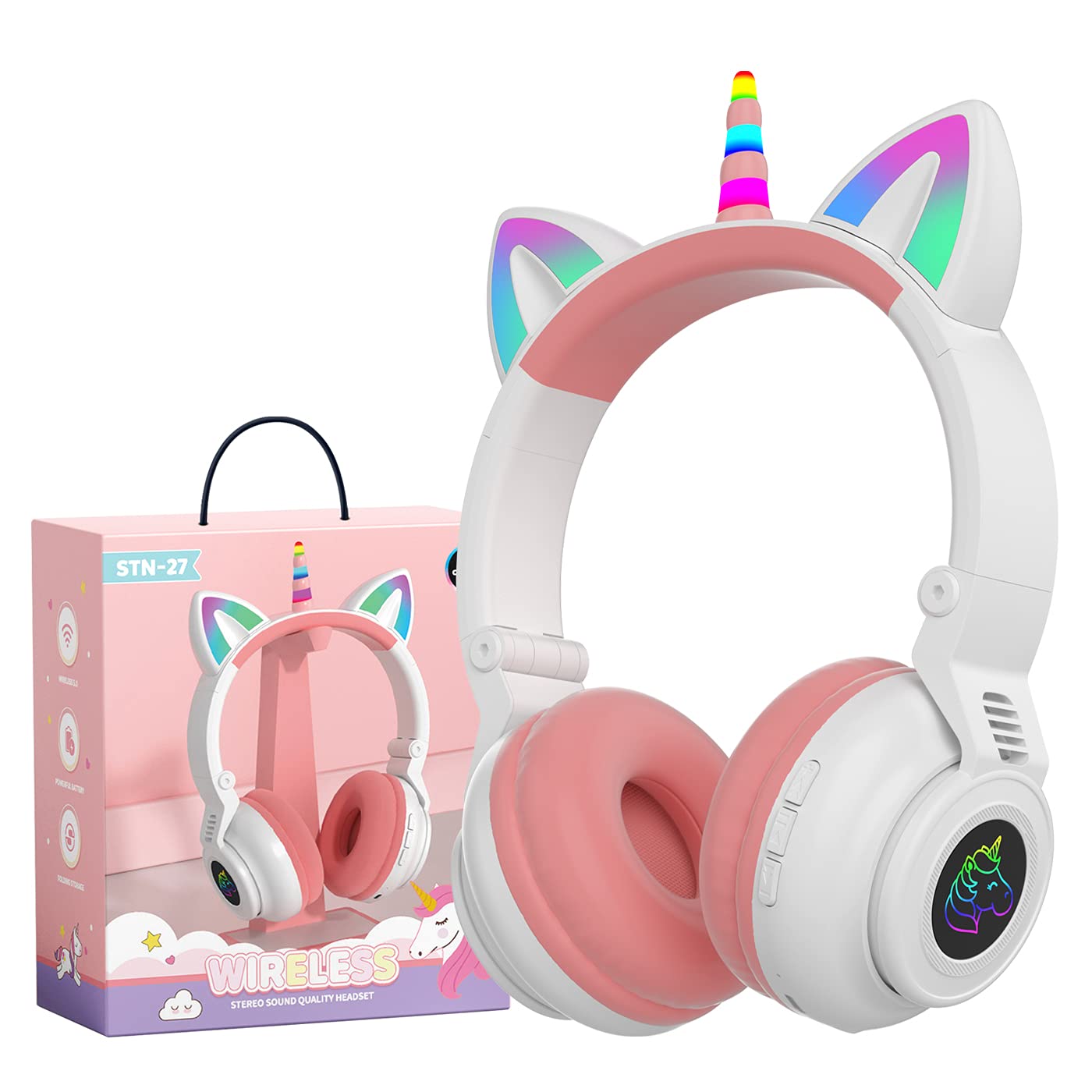 Auriculares Yusonic Unicorn Kids Bluetooth Plegables En Blanco Y Rosa - Venta Internacional.