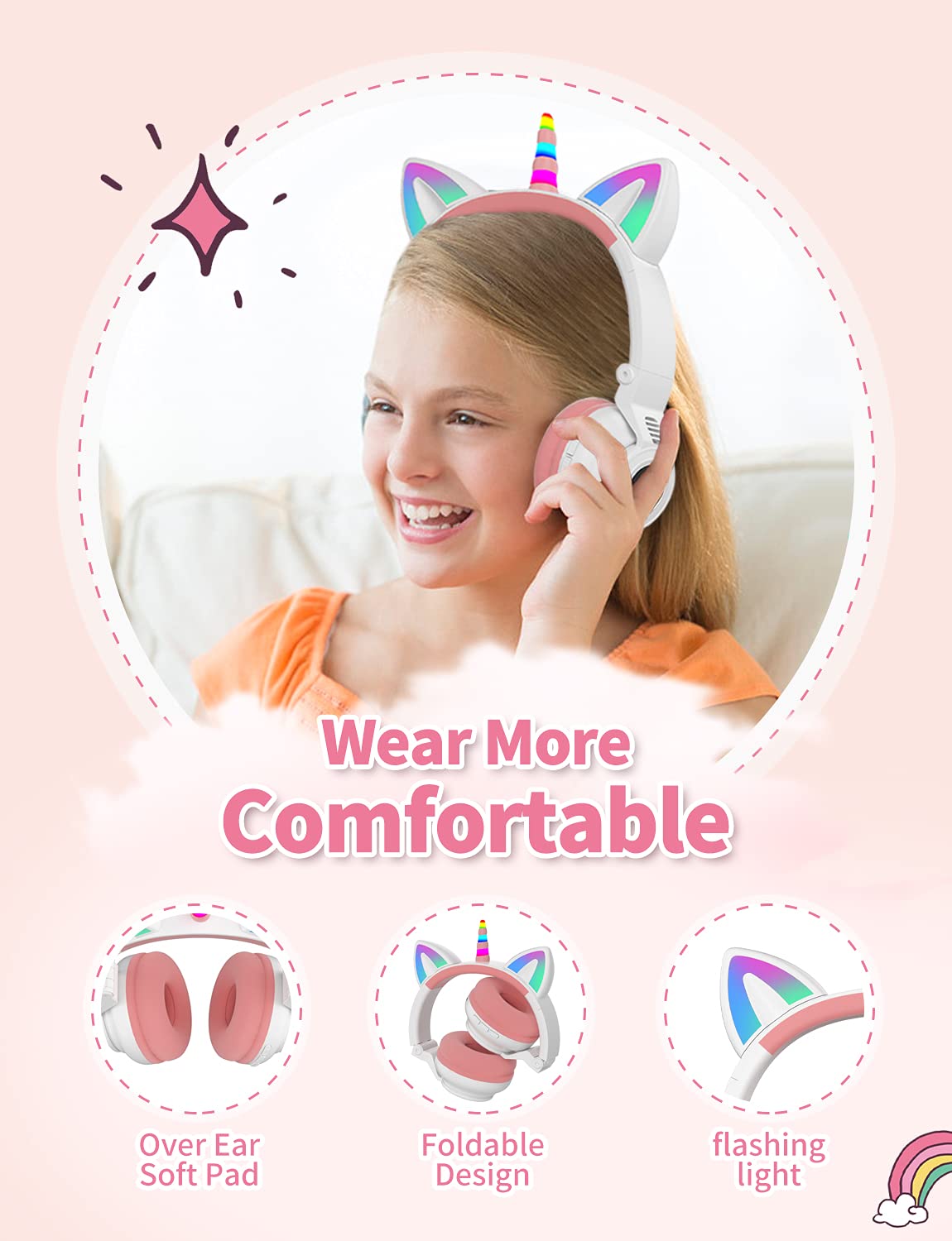 Foto 4 pulgar | Auriculares Yusonic Unicorn Kids Bluetooth Plegables En Blanco Y Rosa - Venta Internacional.