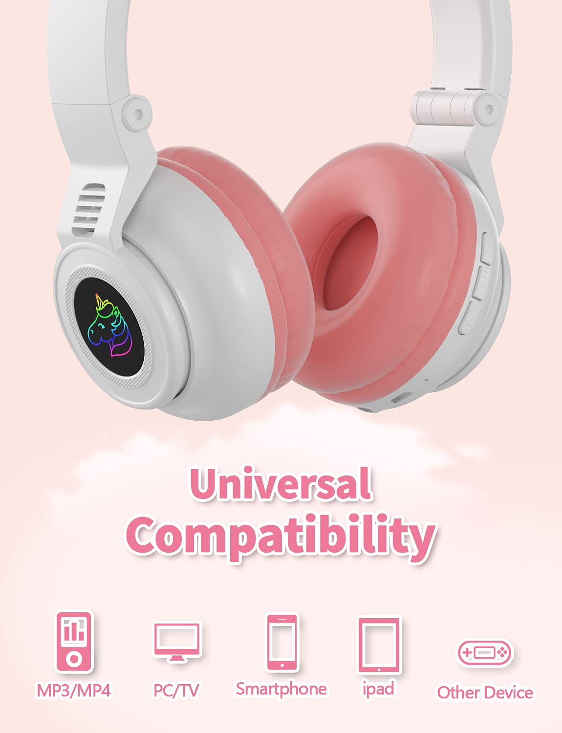 Foto 4 | Auriculares Yusonic Unicorn Kids Bluetooth Plegables En Blanco Y Rosa - Venta Internacional.