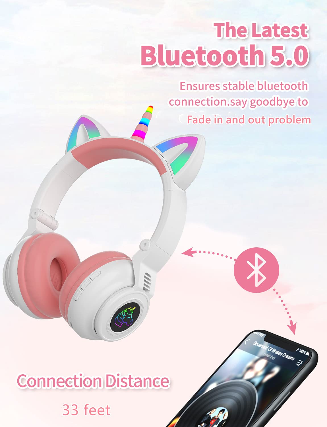 Foto 6 pulgar | Auriculares Yusonic Unicorn Kids Bluetooth Plegables En Blanco Y Rosa - Venta Internacional.