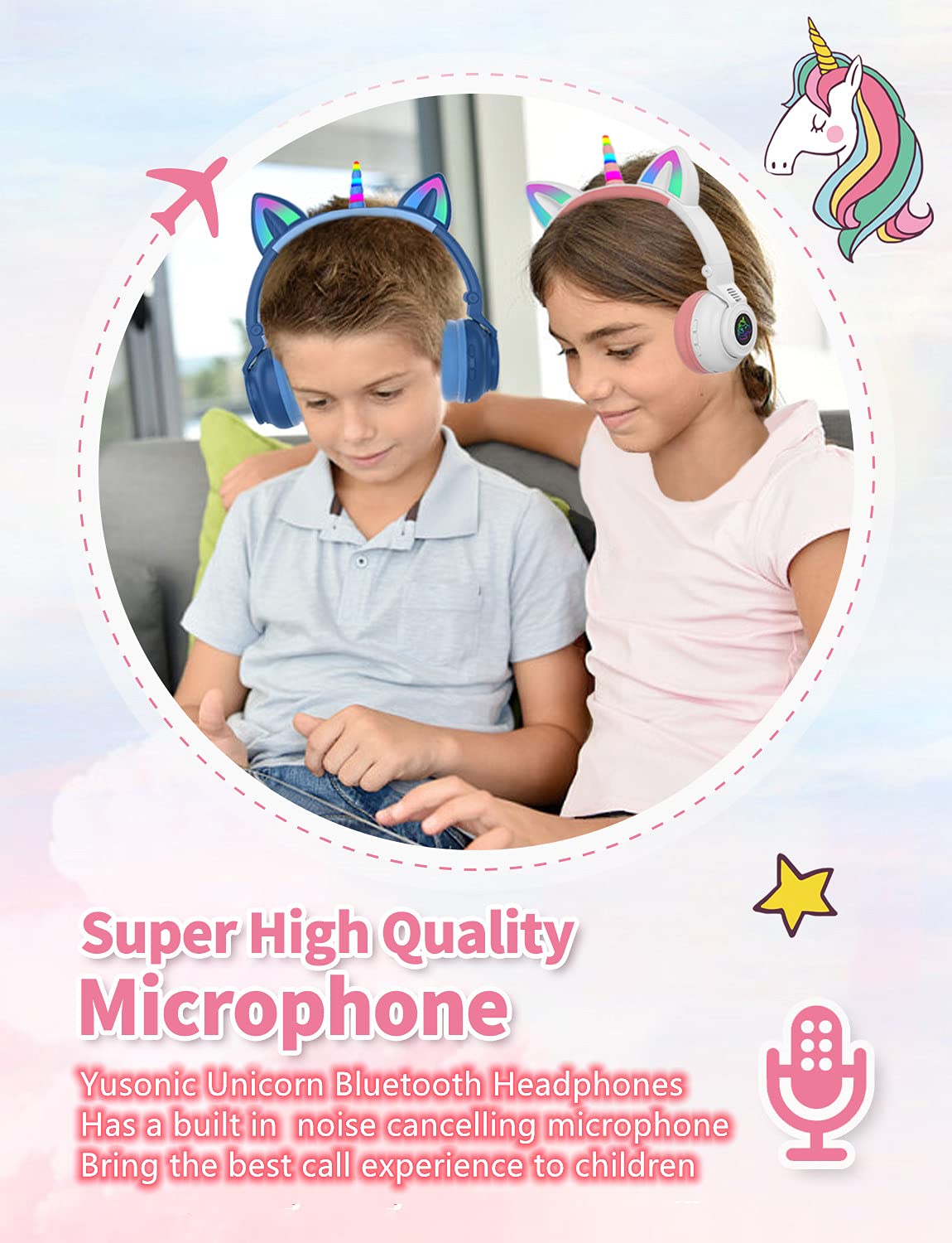 Foto 6 | Auriculares Yusonic Unicorn Kids Bluetooth Plegables En Blanco Y Rosa - Venta Internacional.